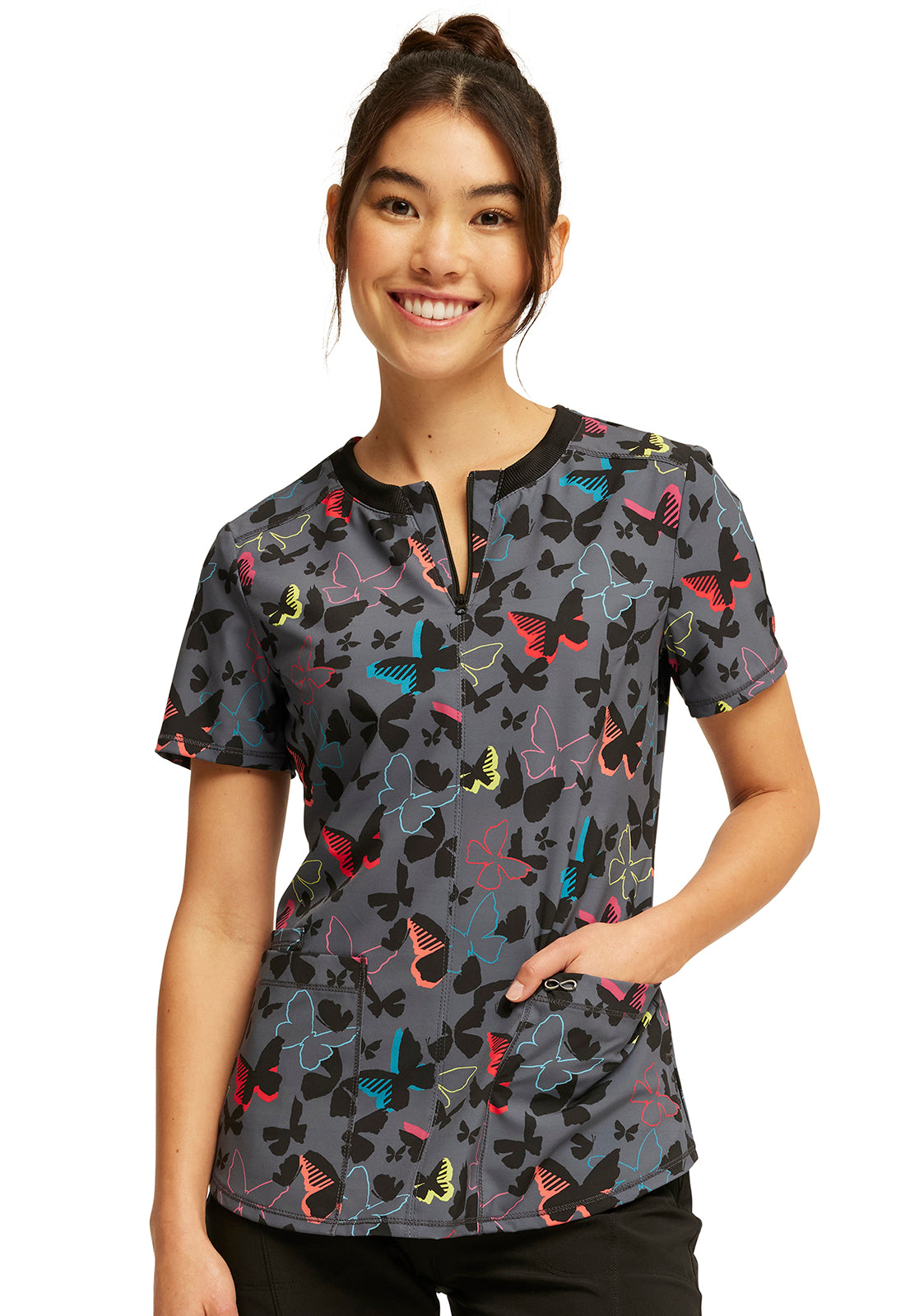 Round Neck Scrub Top in Brilliant Butterflies Women's Print Scrub Top Cherokee Infinity XXS