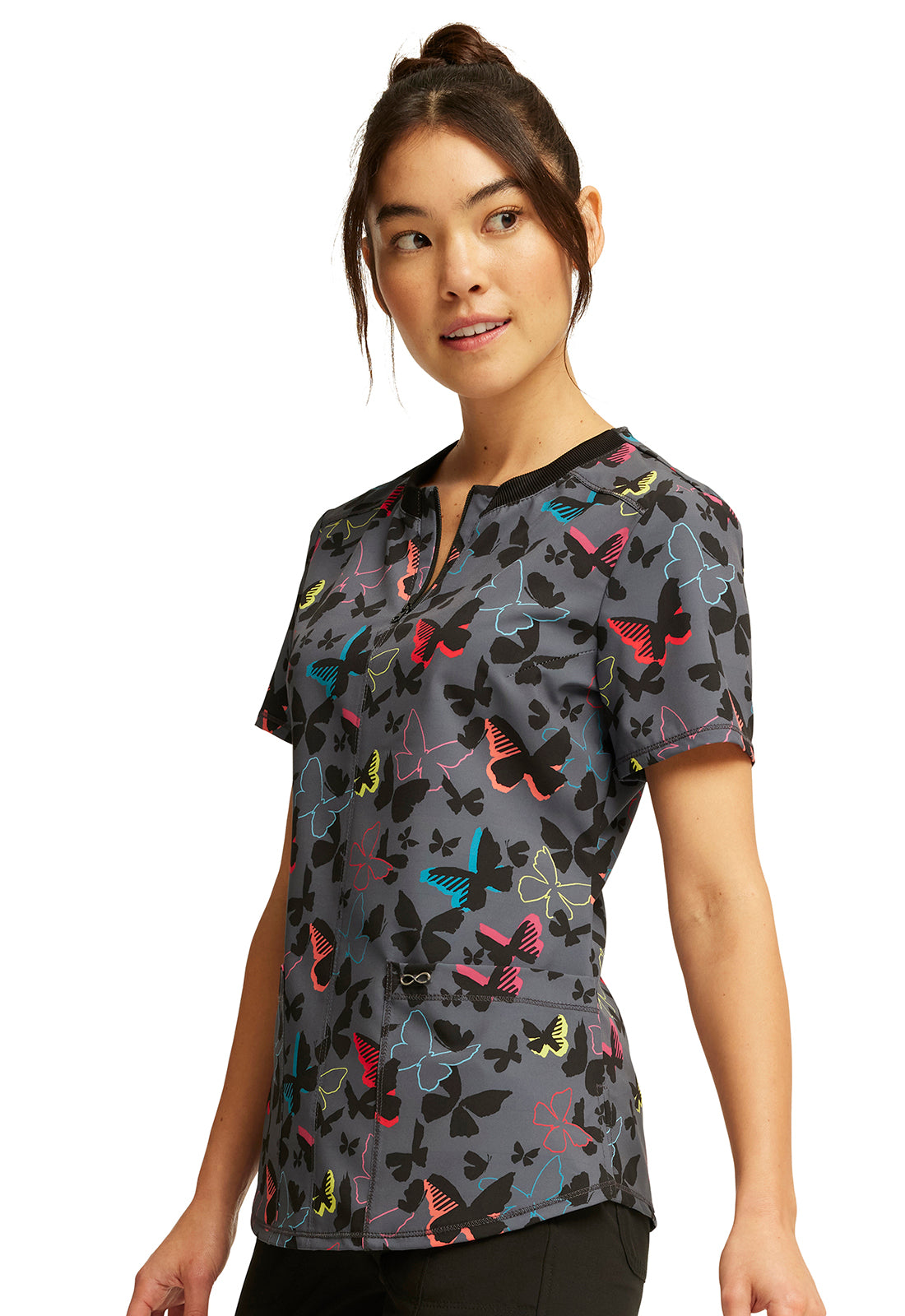 Round Neck Scrub Top in Brilliant Butterflies Women's Print Scrub Top Cherokee Infinity