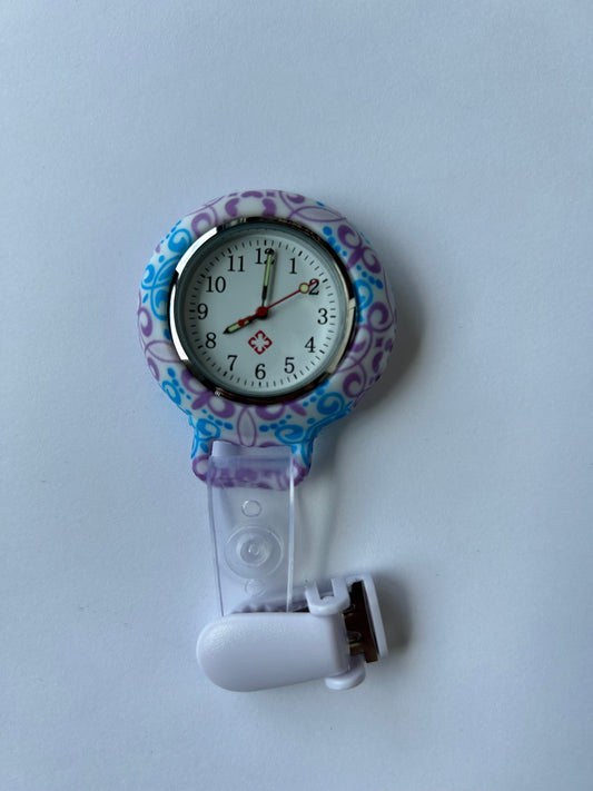 Clip On Analog Nurse Watch Clip Watch Lasalle Uniform Pastel Damask  