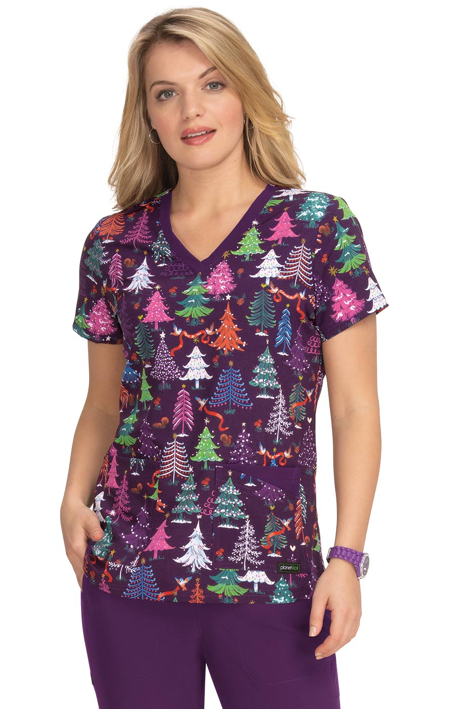 Koi Isla Women's Top - Festive Trees Scrub Top Women's Holiday Print Scrub Top Koi XS  