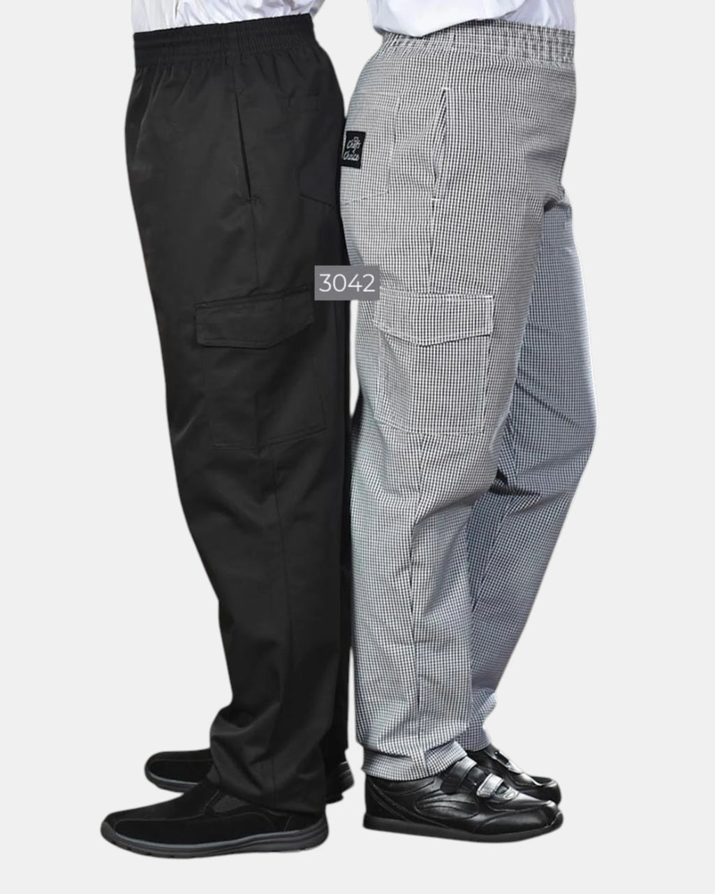 Premium Uniforms 3042 Cargo Chef Pant side view in Black and Checkered.