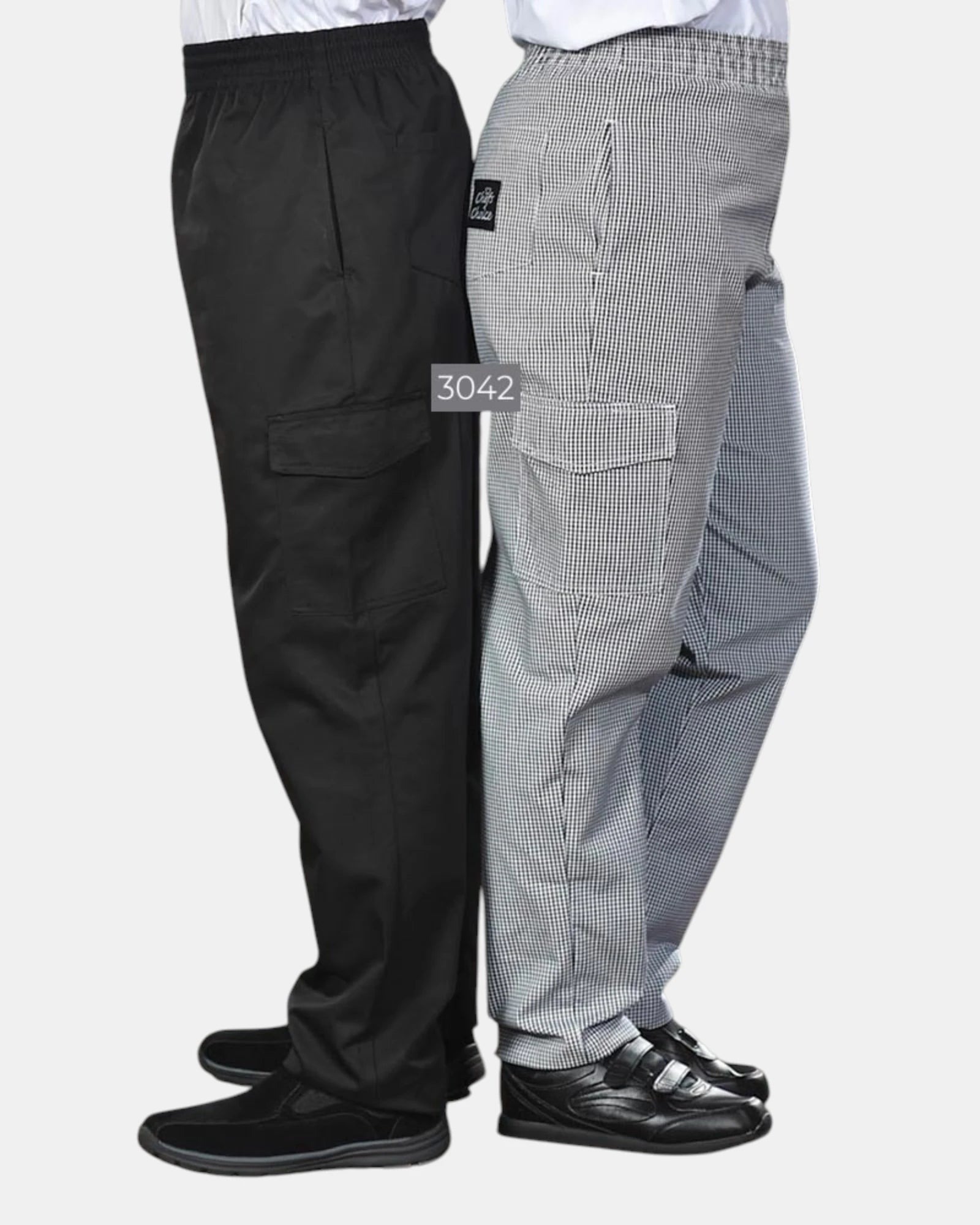 Premium Uniforms 3042 Cargo Chef Pant side view in Black and Checkered.