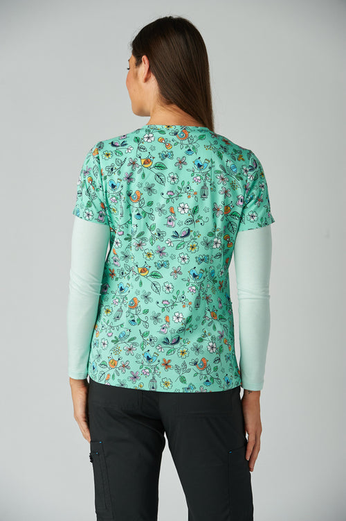 Back view koi Basics Leslie Bird Cage print scrub top