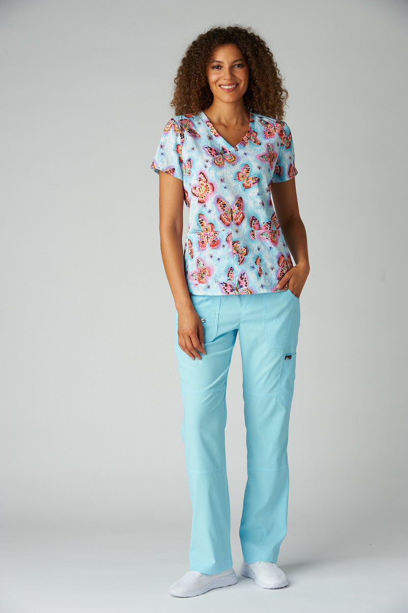 Front view of koi Artist Series Brushstroke Butterfly women's scrub top.