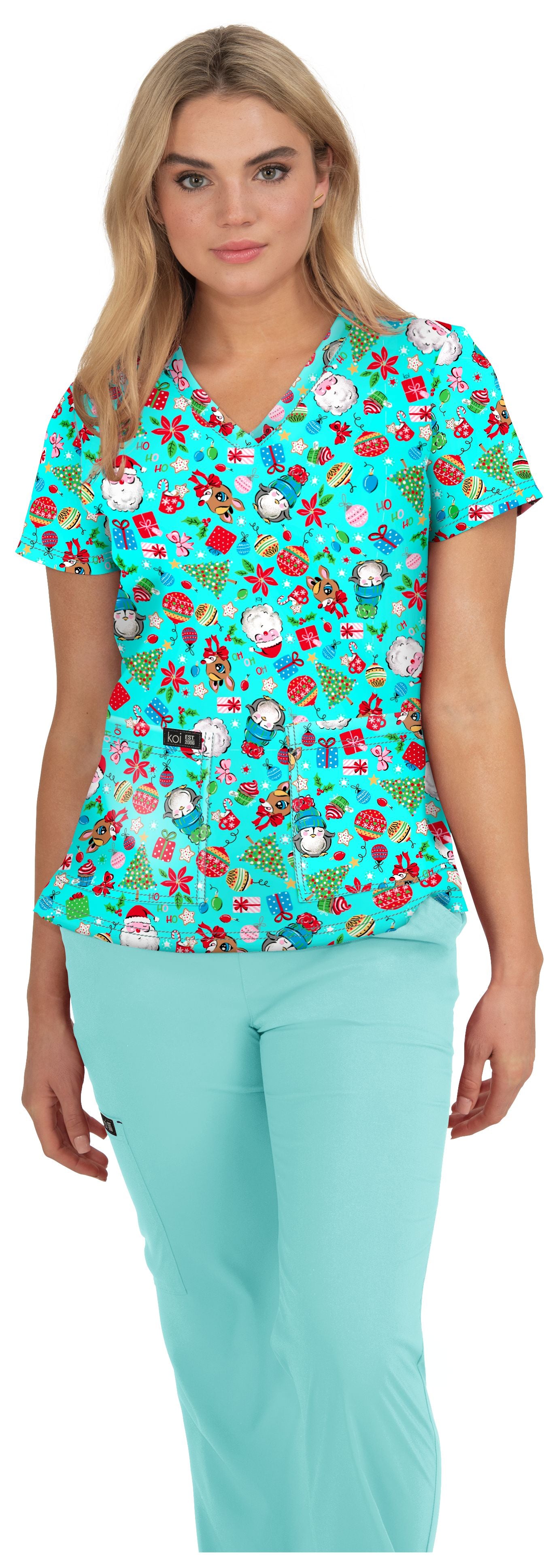 Koi Lesile Top - Vintage Santa Top Women's Holiday Print Scrub Top Koi S  