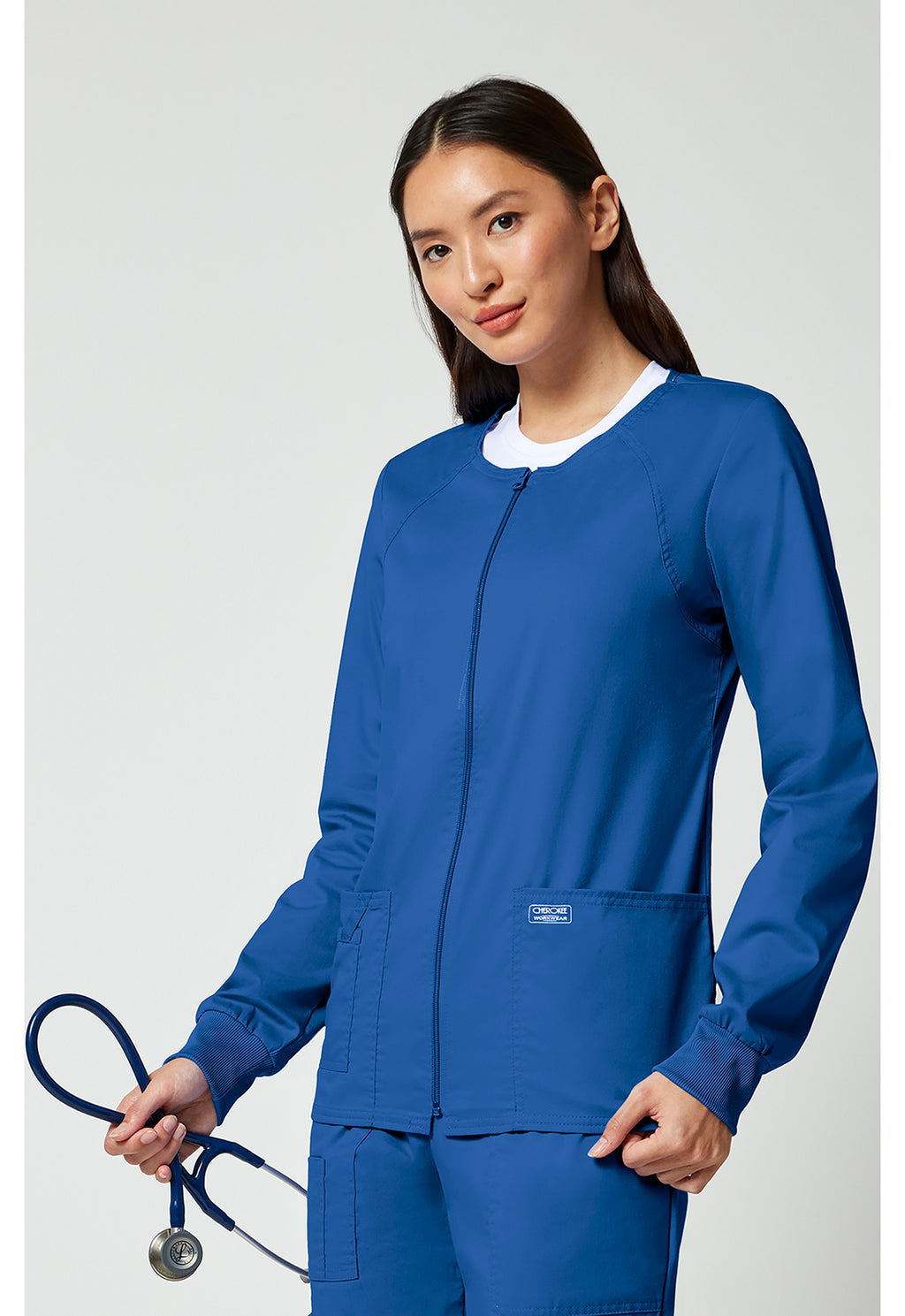 Zip Front Scrub Jacket – 3 Pockets, Knit Cuffs, Ultra Soft