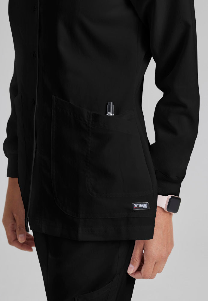 Jamie 4-Pocket Crewneck Snap-Front Scrub Jacket Women's Warm Up Jacket Grey's Anatomy