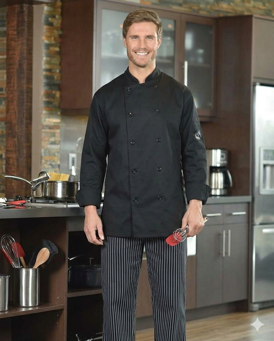 Man wearing a black chef's coat with short sleeves and striped pants in a kitchen setting