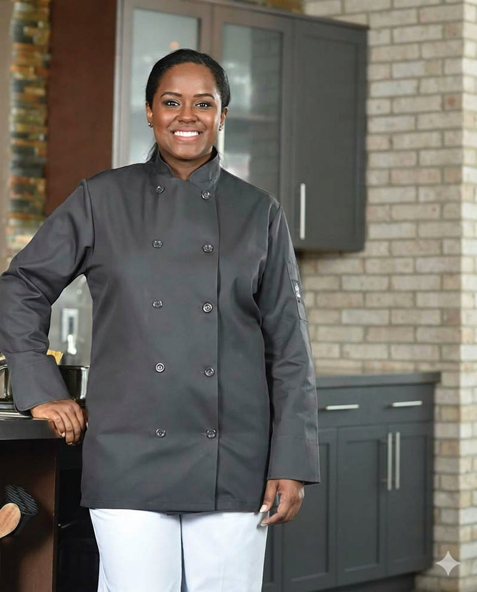 Woman wearing Premium Uniform's charcoal long sleeve chef coat.