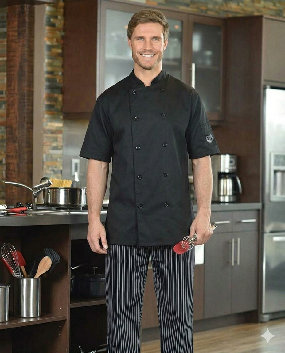 Man wearing a black chef's coat in a kitchen setting. 