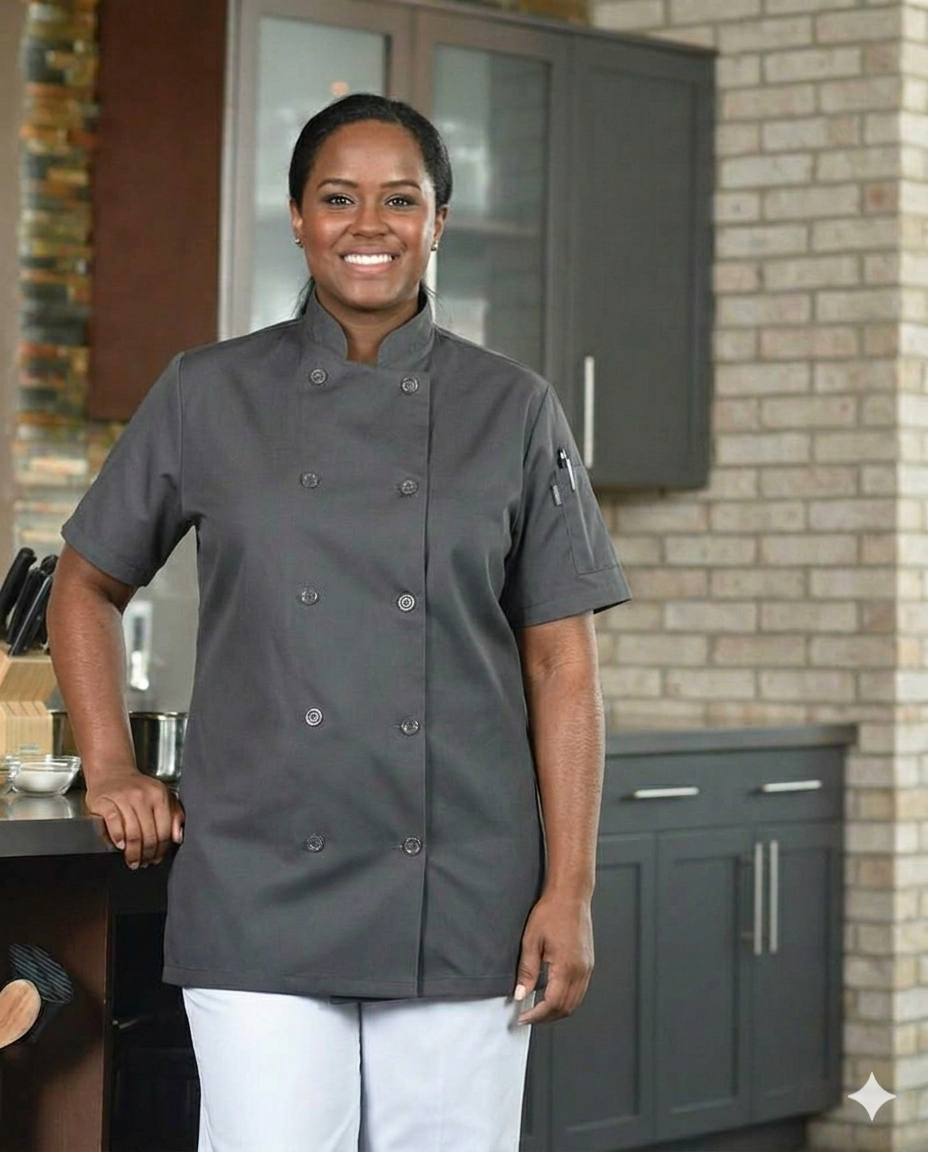 Woman wearing Premium Uniform's charcoal short sleeve chef coat.