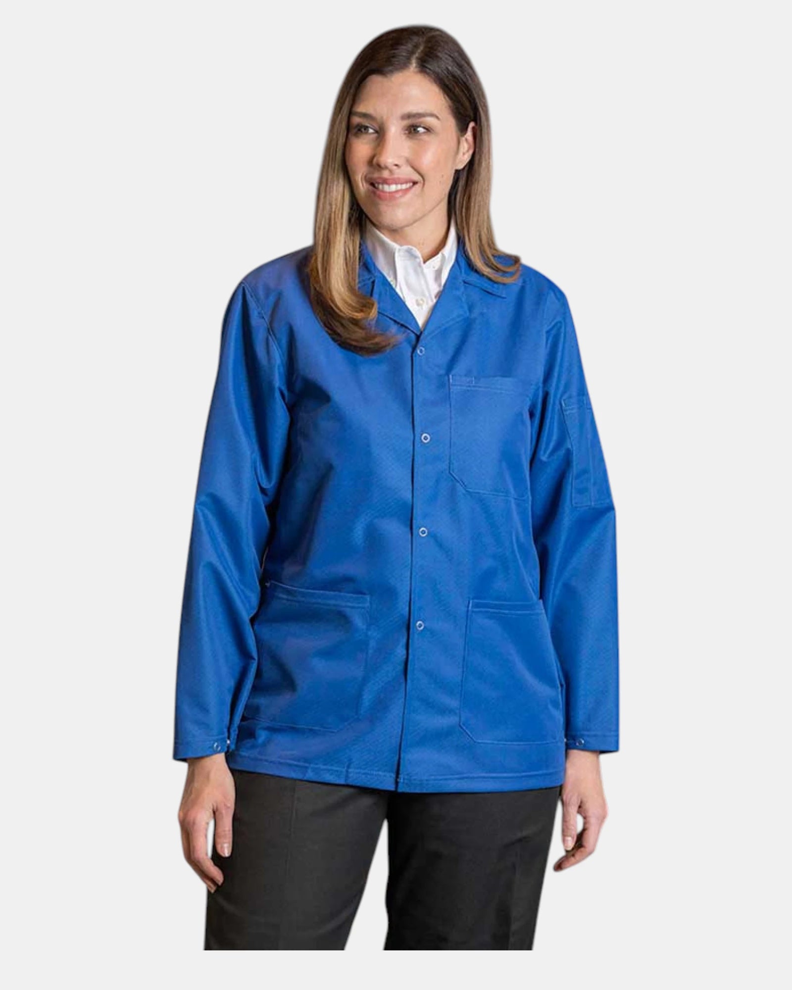 Front view of 6132 Premium Uniforms Anti-Static ESD Counter Coat in Royal Blue