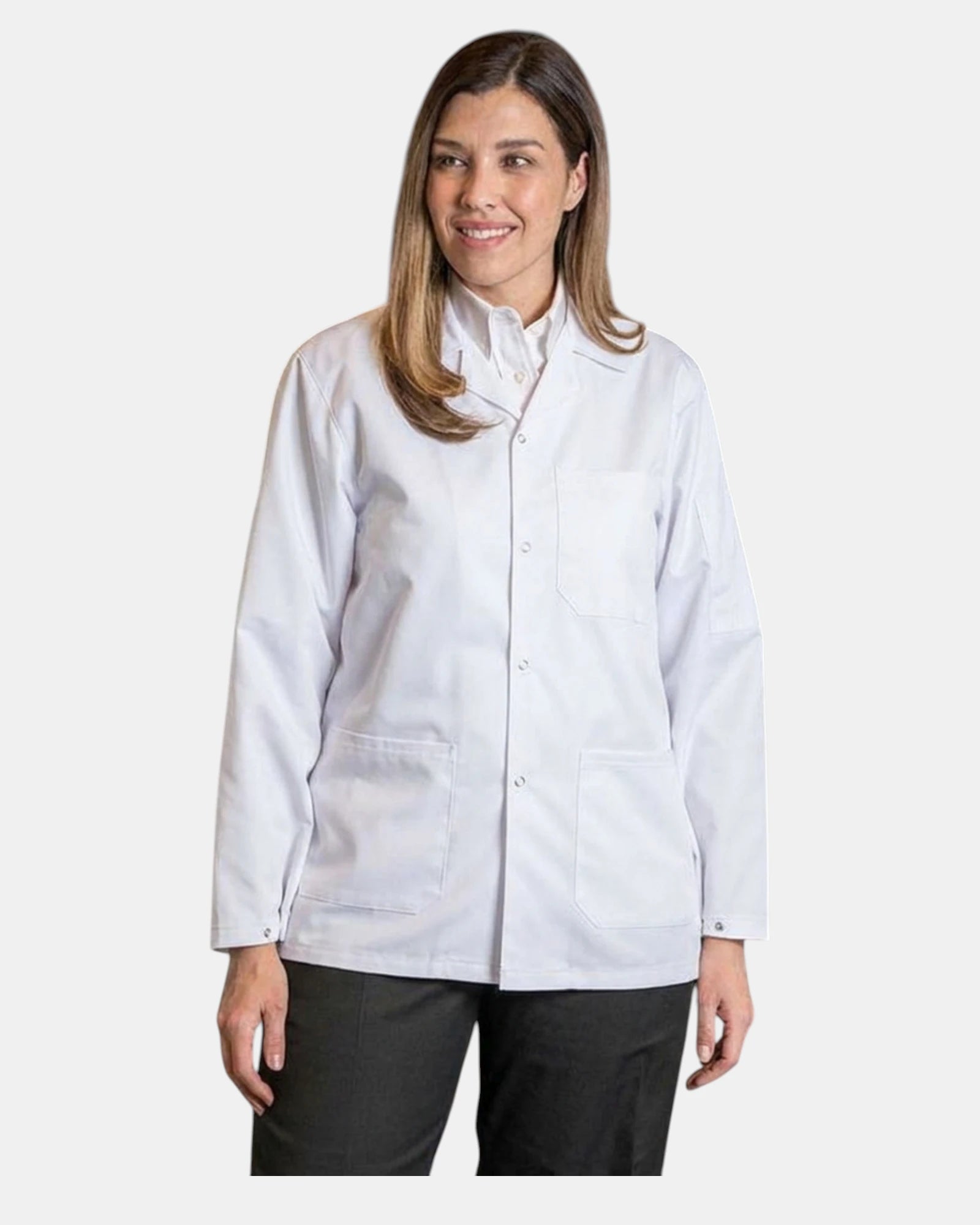 Front view of 6132 Premium Uniforms Anti-Static ESD Counter Coat in White