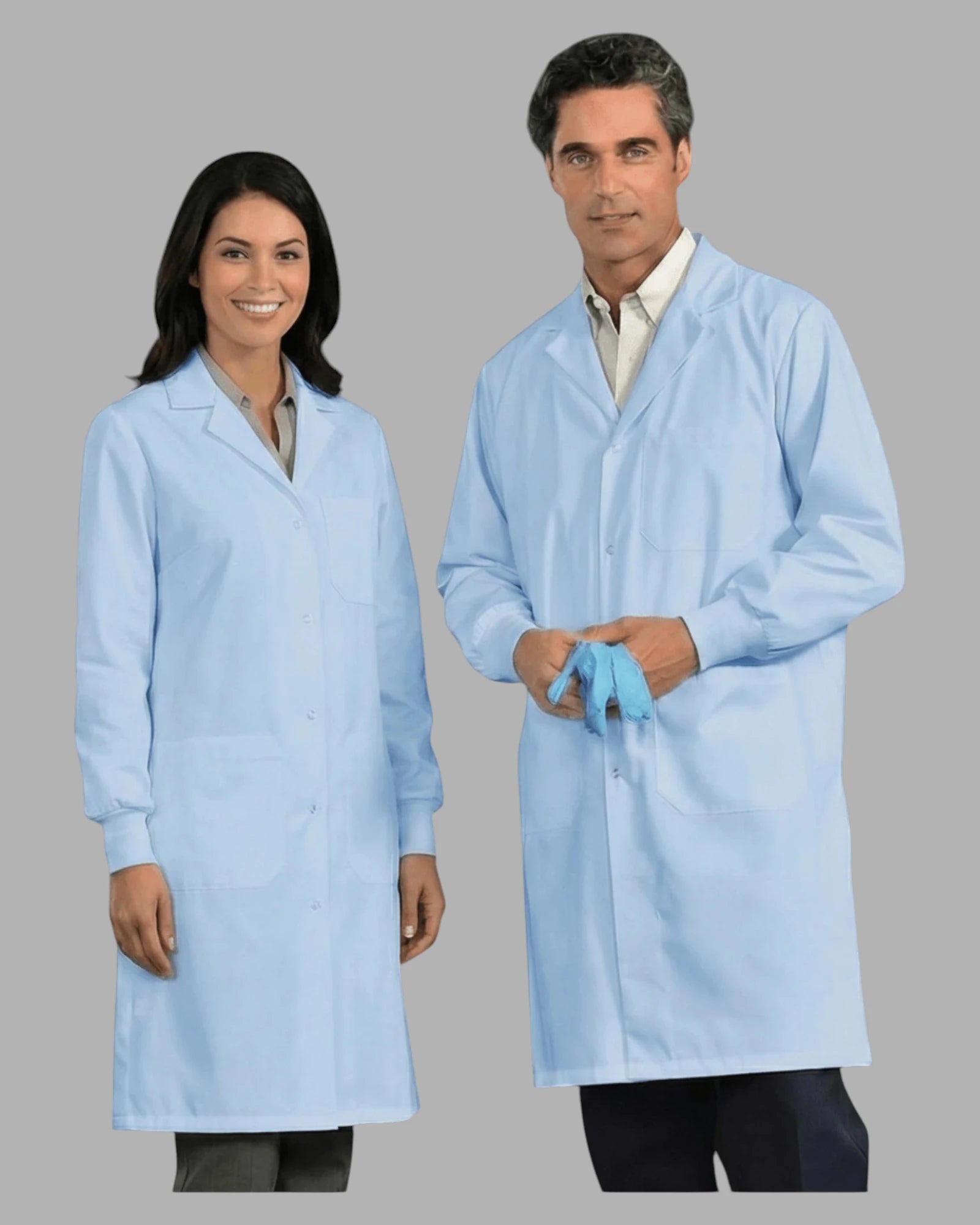 Front view of Premium Uniform Three-Pocket Lab Coat with Snap Closure in Light Blue with Cuffs