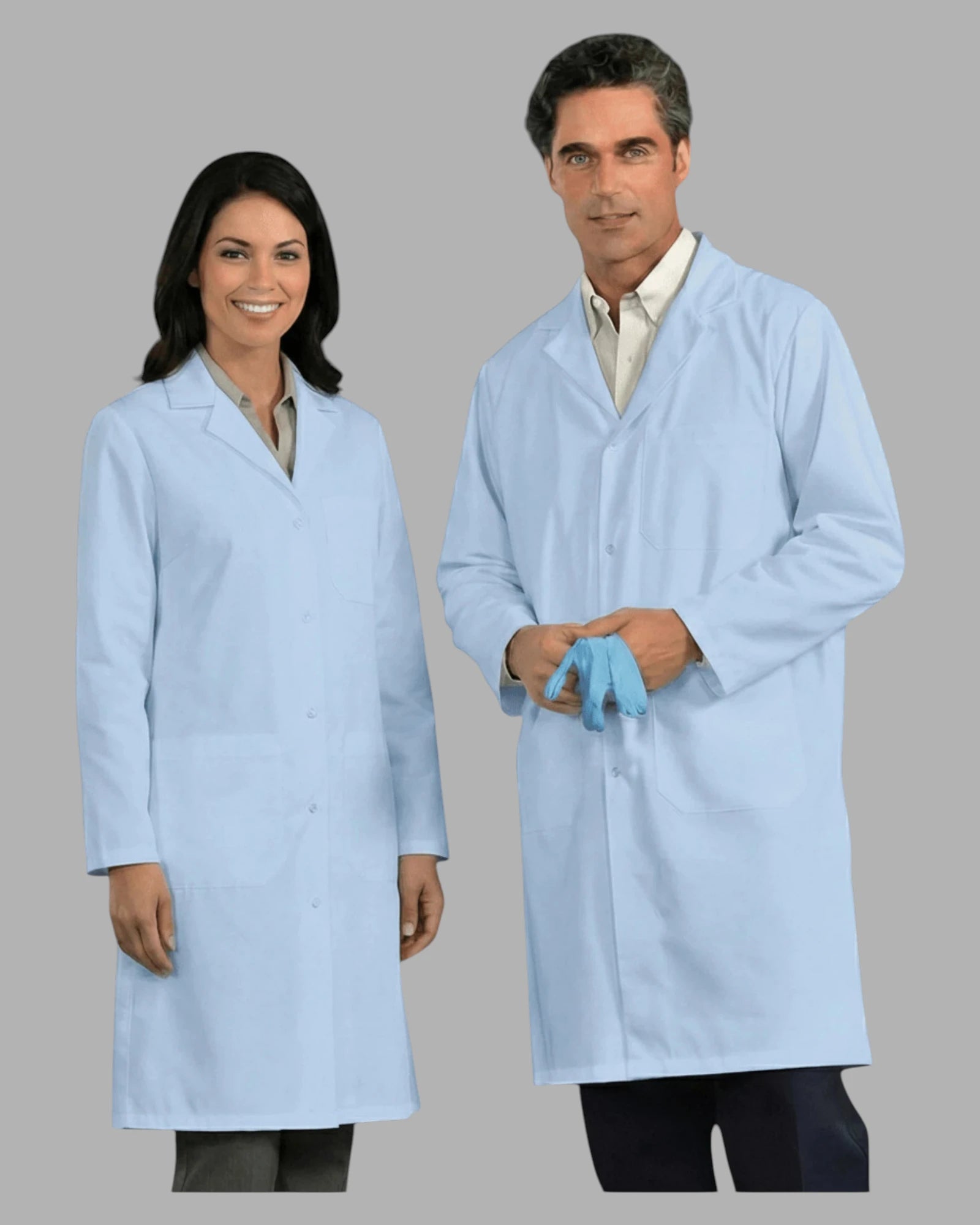 Front view of Premium Uniform Three-Pocket Lab Coat with Snap Closure in Light Blue