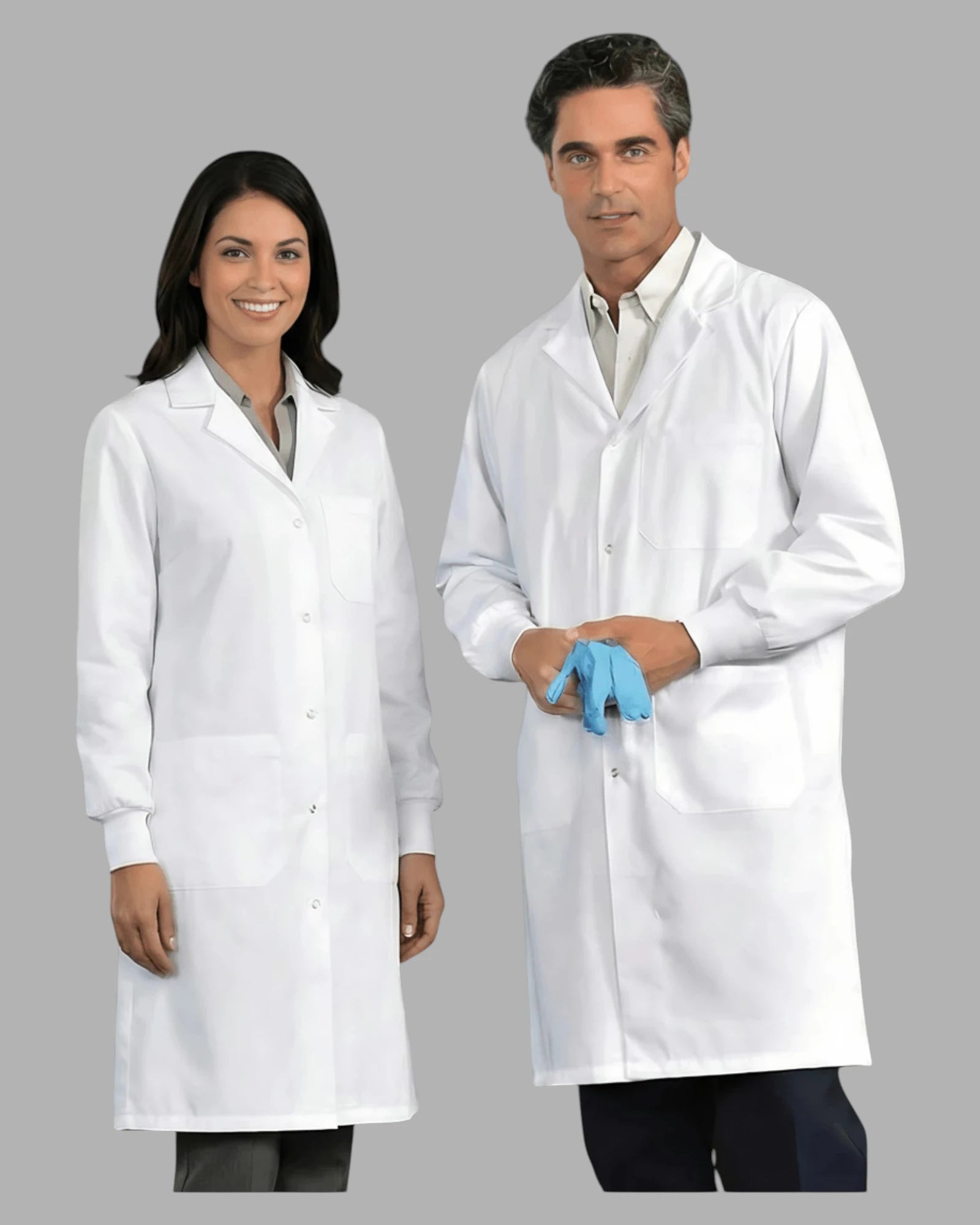 Front view of Premium Uniform Three-Pocket Lab Coat with Snap Closure in White with Cuffed Sleeves