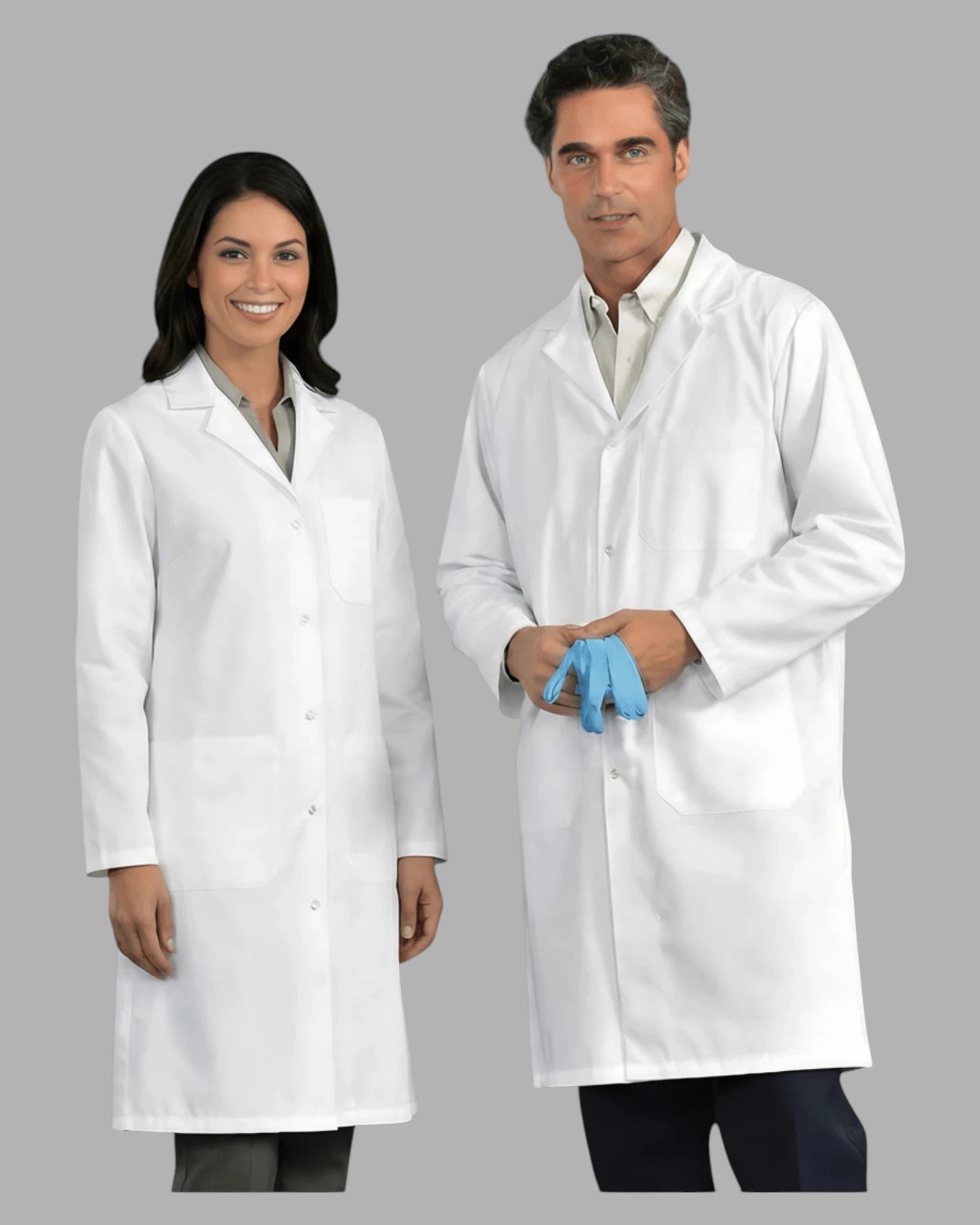 Front view of Premium Uniform Three-Pocket Lab Coat with Snap Closure in White