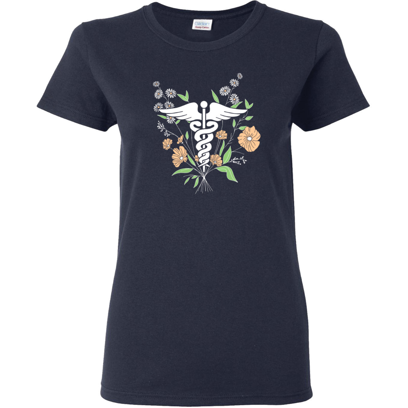 Caduceus & Flowers on Navy T-Shirt Prestige Medical S  