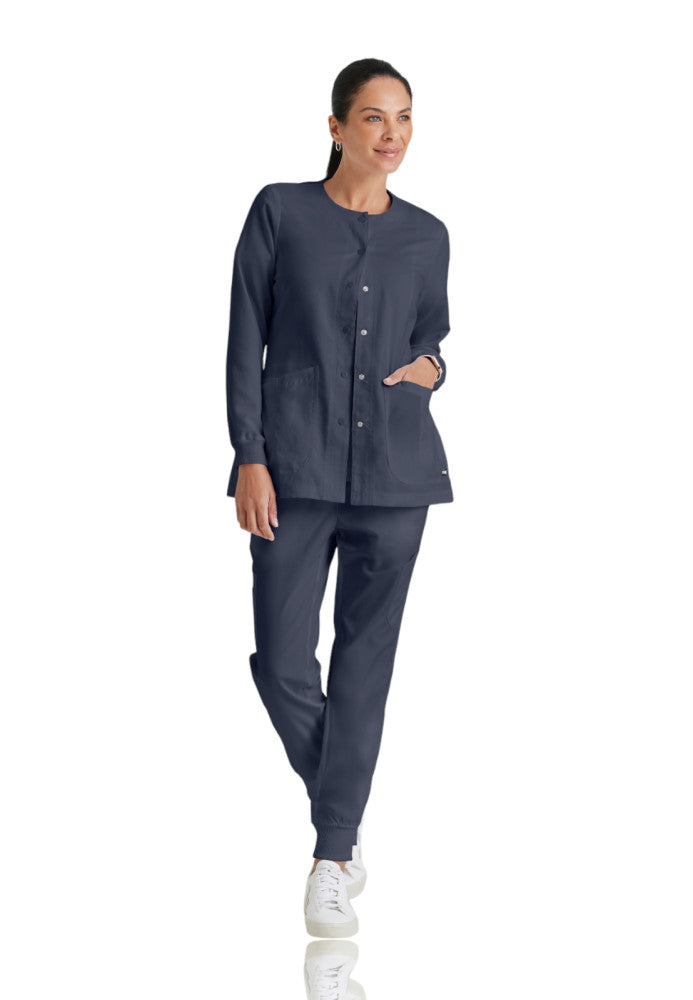 Jamie 4-Pocket Crewneck Snap-Front Scrub Jacket Women's Warm Up Jacket Grey's Anatomy