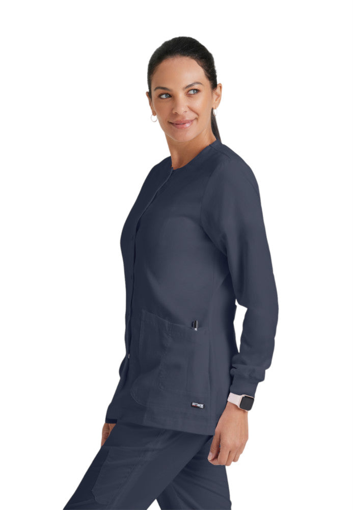 Jamie 4-Pocket Crewneck Snap-Front Scrub Jacket Women's Warm Up Jacket Grey's Anatomy