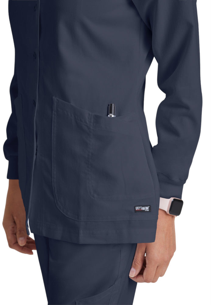 Jamie 4-Pocket Crewneck Snap-Front Scrub Jacket Women's Warm Up Jacket Grey's Anatomy