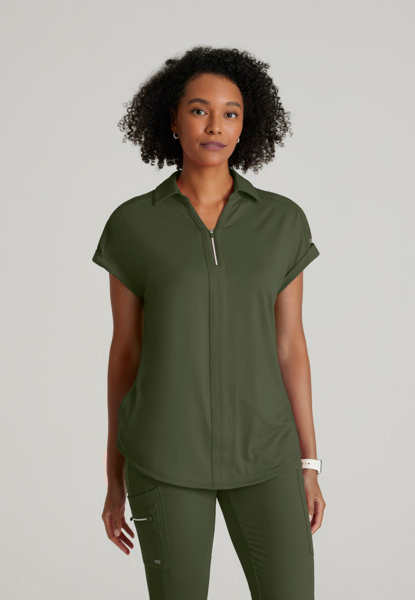 Barco One | Engage Knit 2-Pocket Zip-Neck Dolman Scrub Top Women's Scrub Top Barco One Performance Knit Olive XXS 