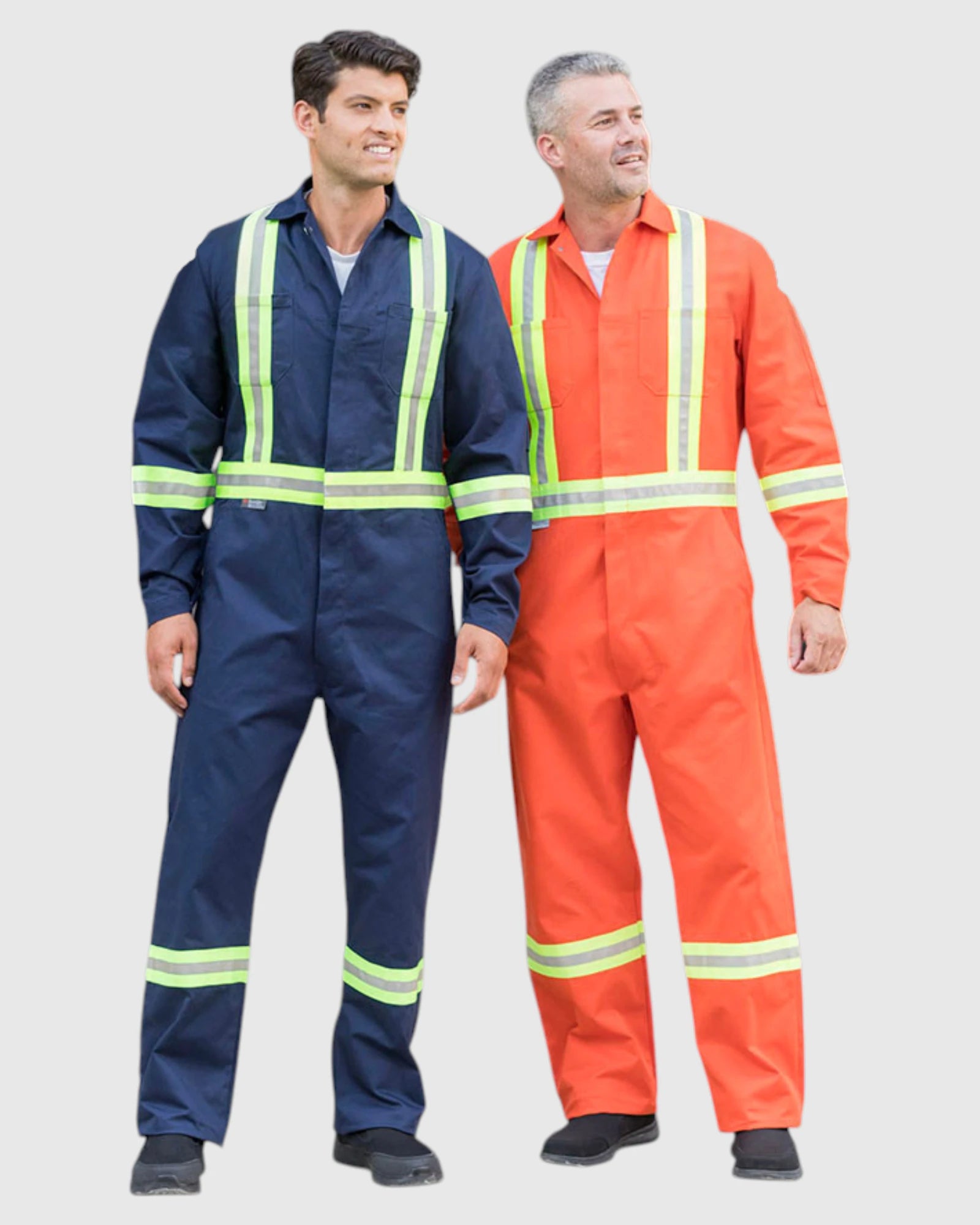 Two men modeling high-visibility work jumpsuits, one in navy blue and one in bright orange, both with reflective yellow-green stripes, against a light gray background.