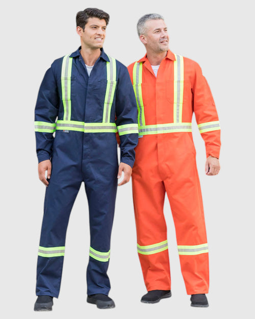 Two men modeling high-visibility work jumpsuits, one in navy blue and one in bright orange, both with reflective yellow-green stripes, against a light gray background.