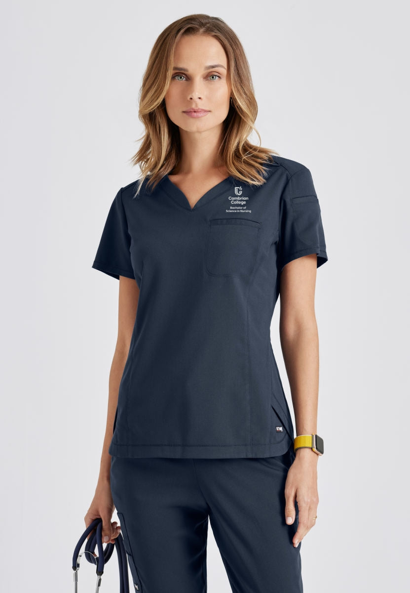 Cambrian College Nursing - Capri Tuck In Scrub Top Women's Scrub Top Grey's Anatomy Spandex Stretch Steel XXS