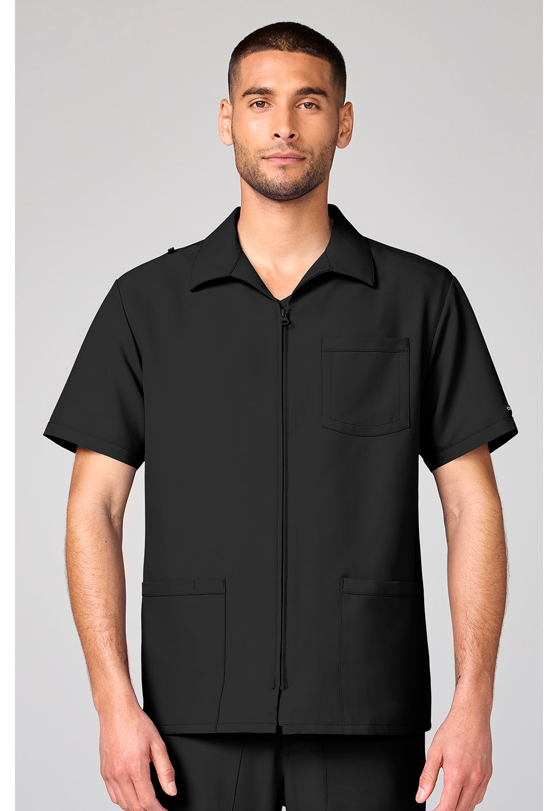 Front view of the Cherokee Workwear Ultra Men's Full Zip Short Sleeve Jacket in color Black.