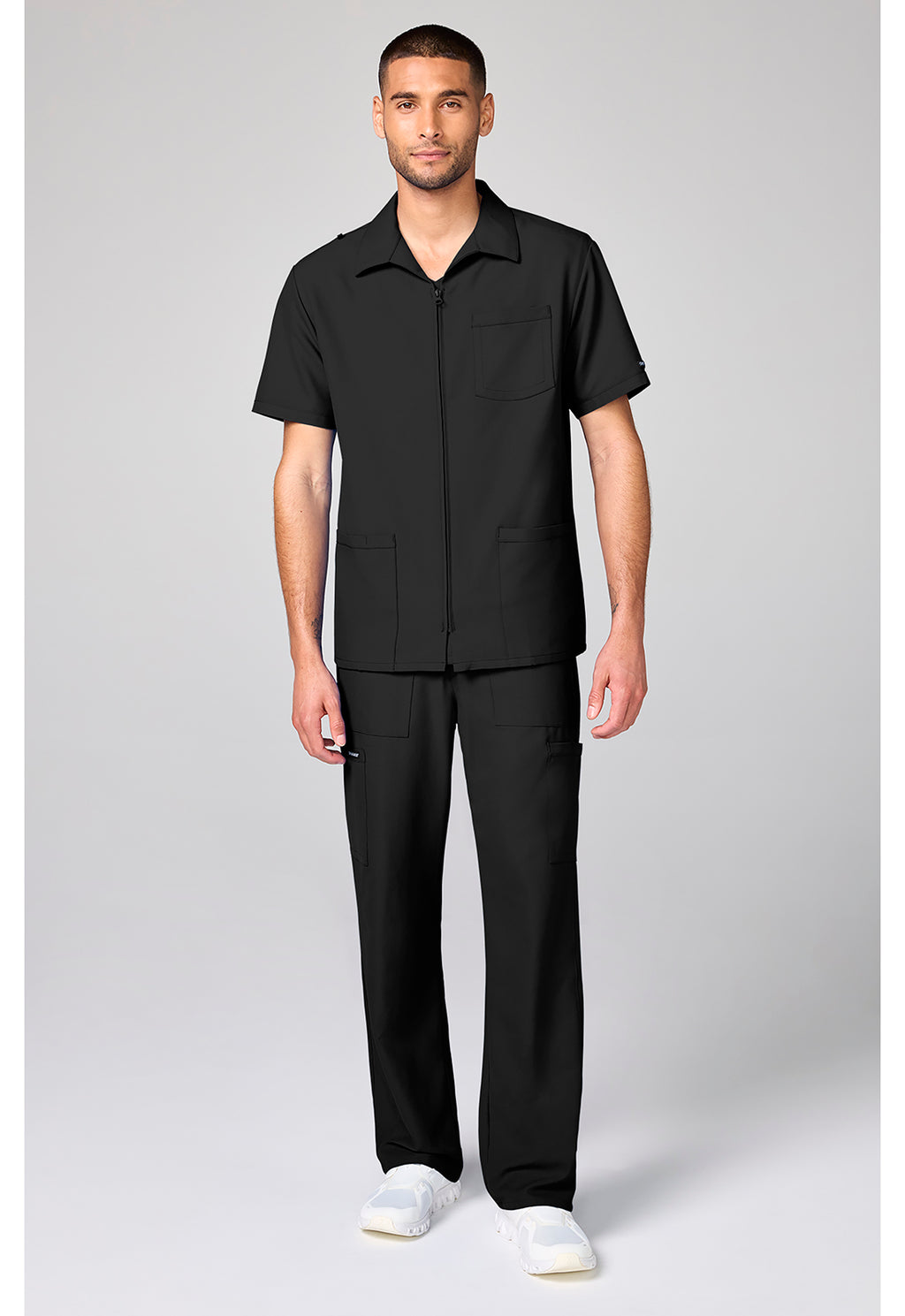 Full view of the Cherokee Workwear Ultra Men's Full Zip Short Sleeve Jacket in color Black.