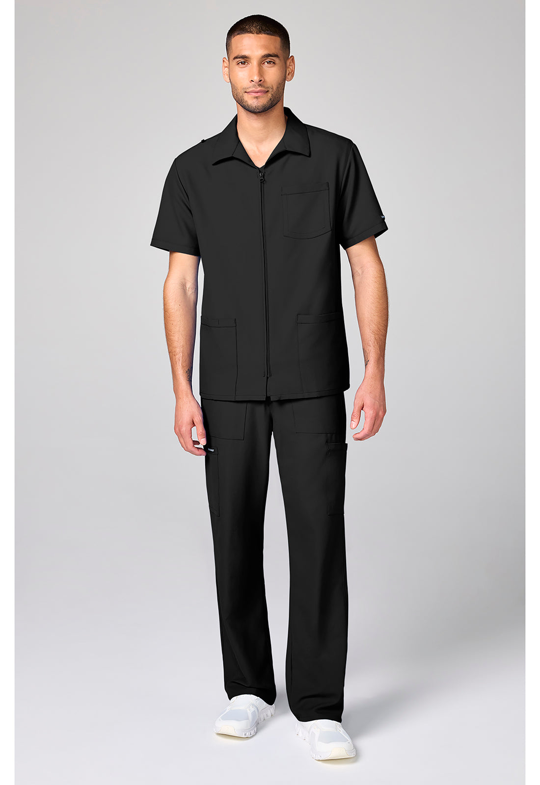 Full view of the Cherokee Workwear Ultra Men's Full Zip Short Sleeve Jacket in color Black.