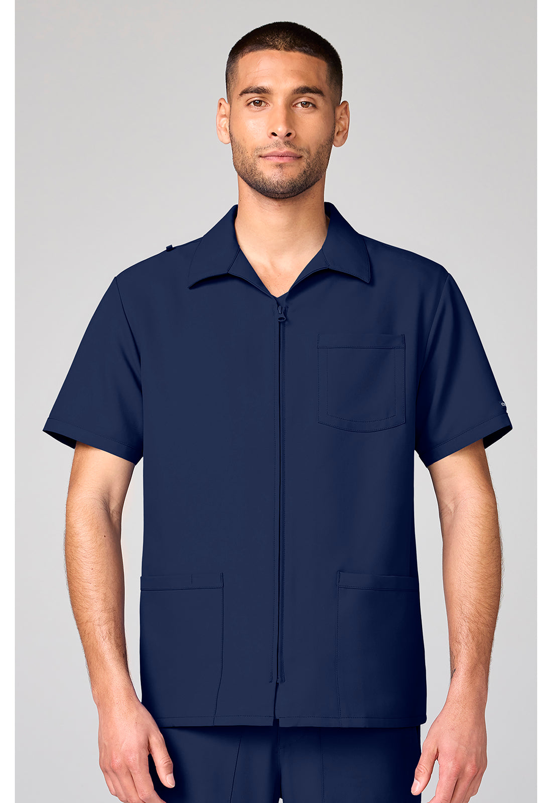 Front view of the Cherokee Workwear Ultra Men's Full Zip Short Sleeve Jacket in color Navy.