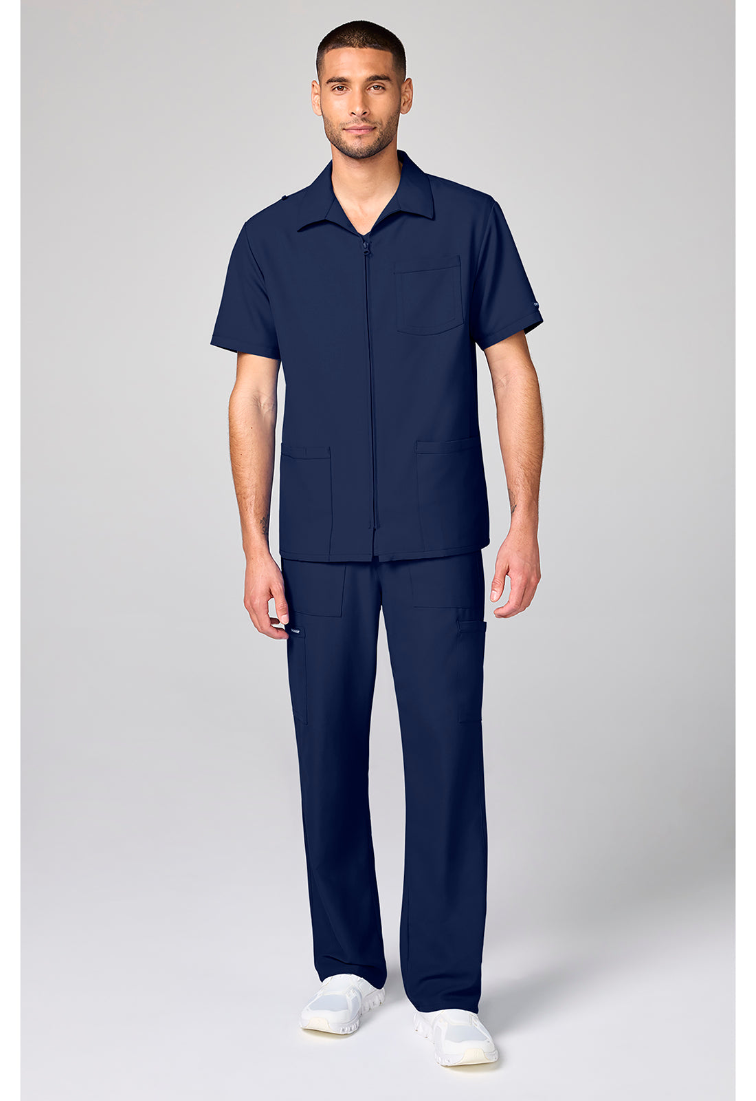 Full view of the Cherokee Workwear Ultra Men's Full Zip Short Sleeve Jacket in color Navy.