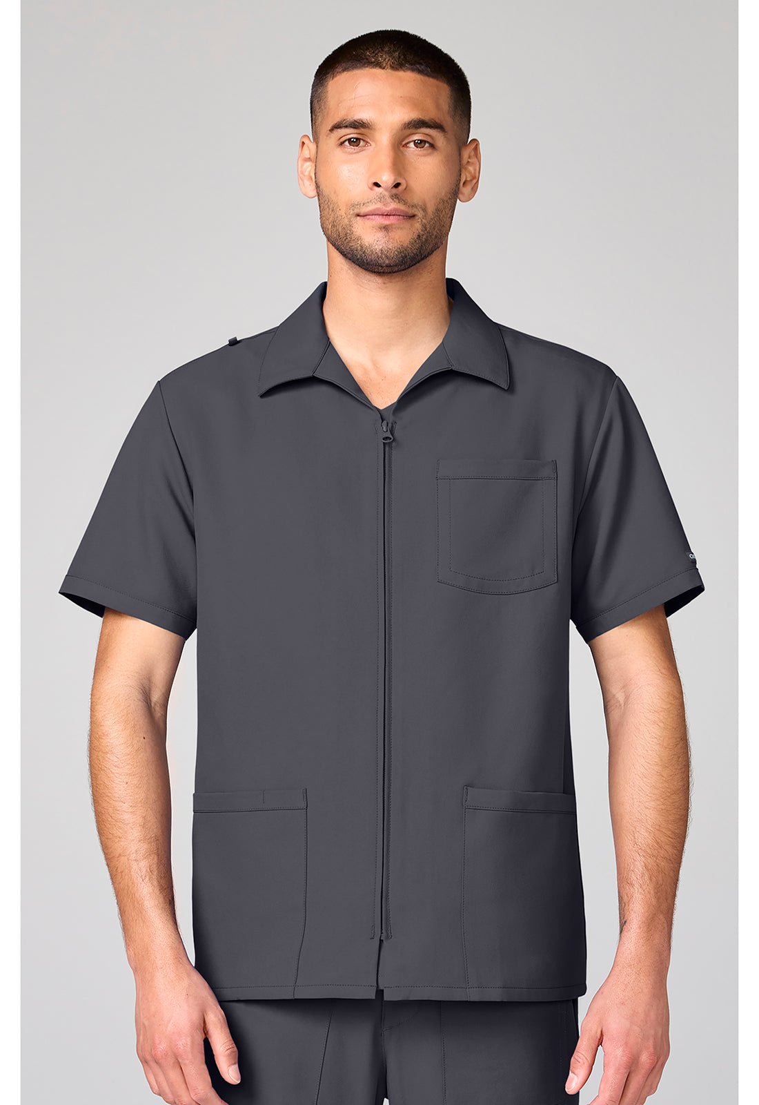 Front view of the Cherokee Workwear Ultra Men's Full Zip Short Sleeve Jacket in color Pewter.