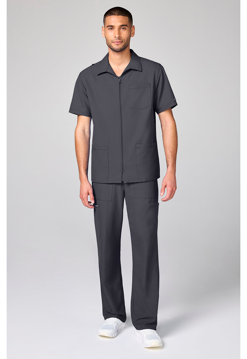 Full view of the Cherokee Workwear Ultra Men's Full Zip Short Sleeve Jacket in color Pewter.