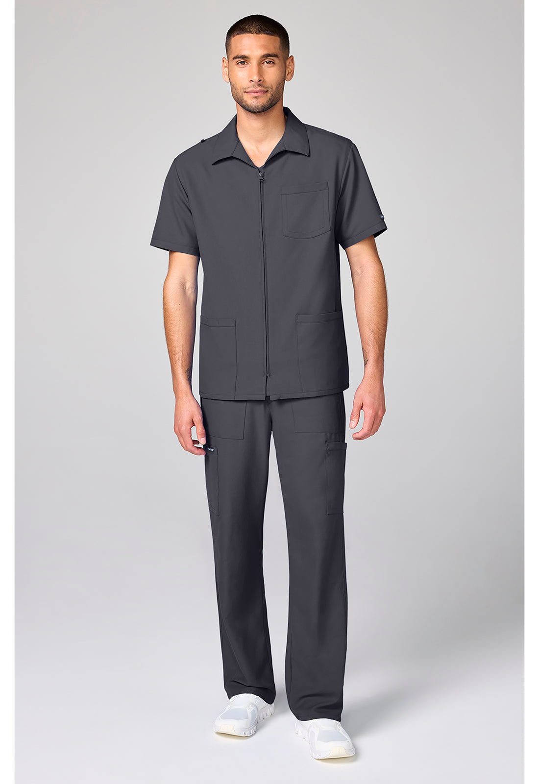 Full view of the Cherokee Workwear Ultra Men's Full Zip Short Sleeve Jacket in color Pewter.