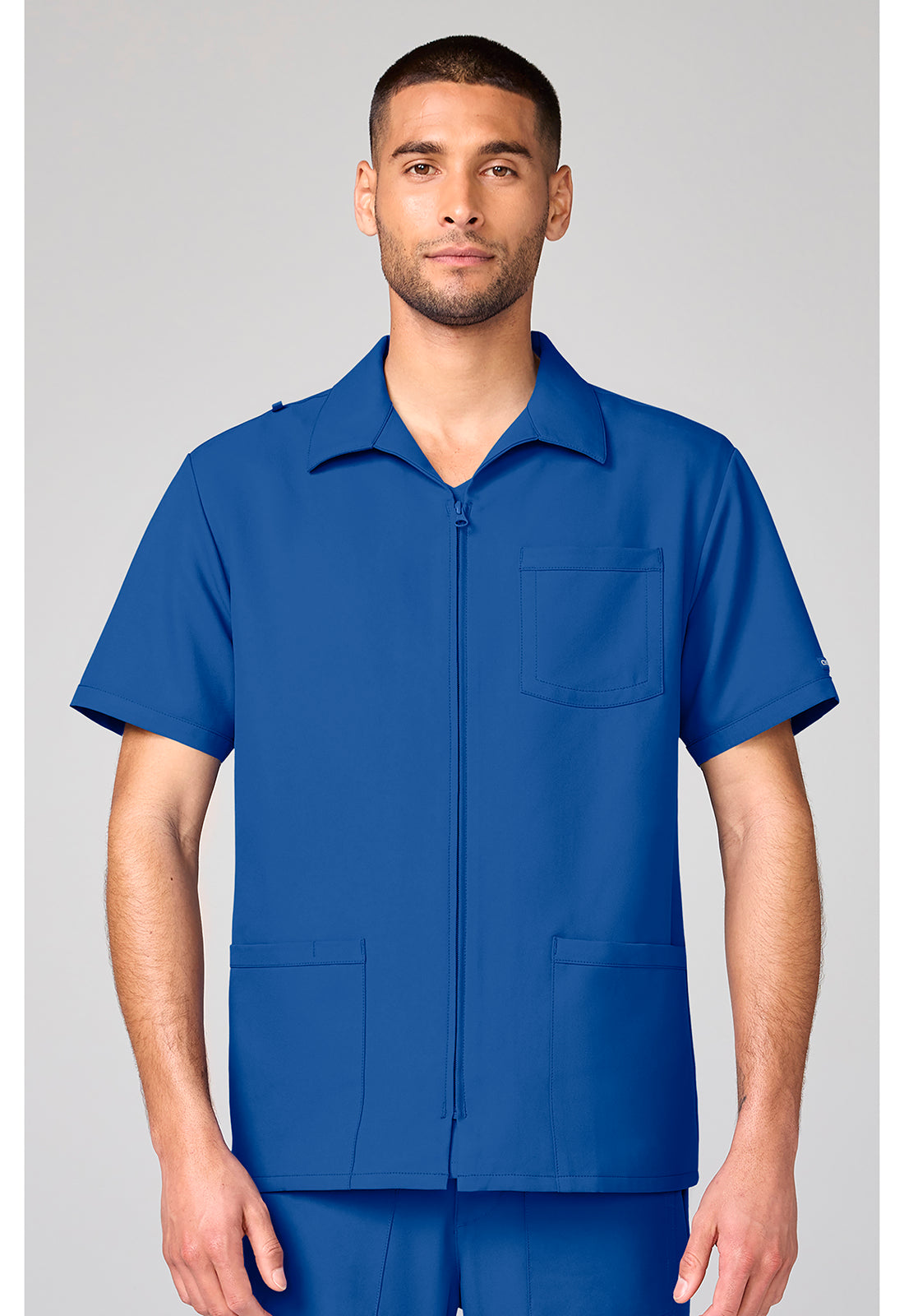 Front view of the Cherokee Workwear Ultra Men's Full Zip Short Sleeve Jacket in color Royal Blue.