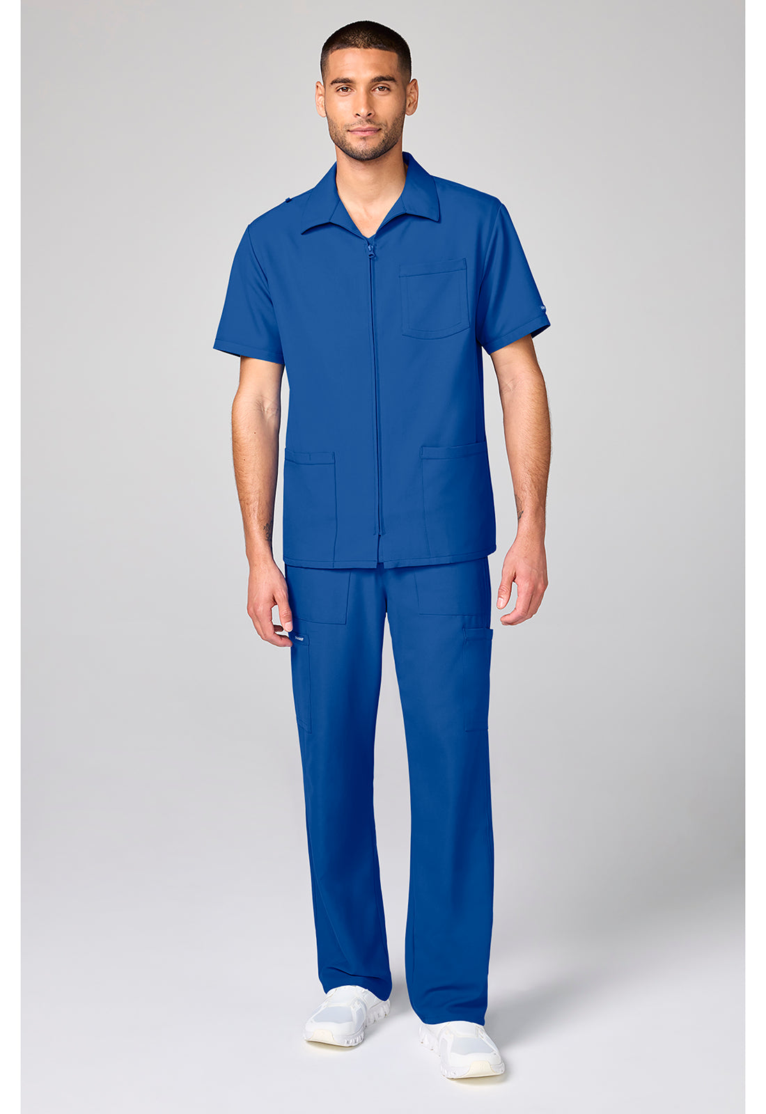 Full view of the Cherokee Workwear Ultra Men's Full Zip Short Sleeve Jacket in color Royal Blue.