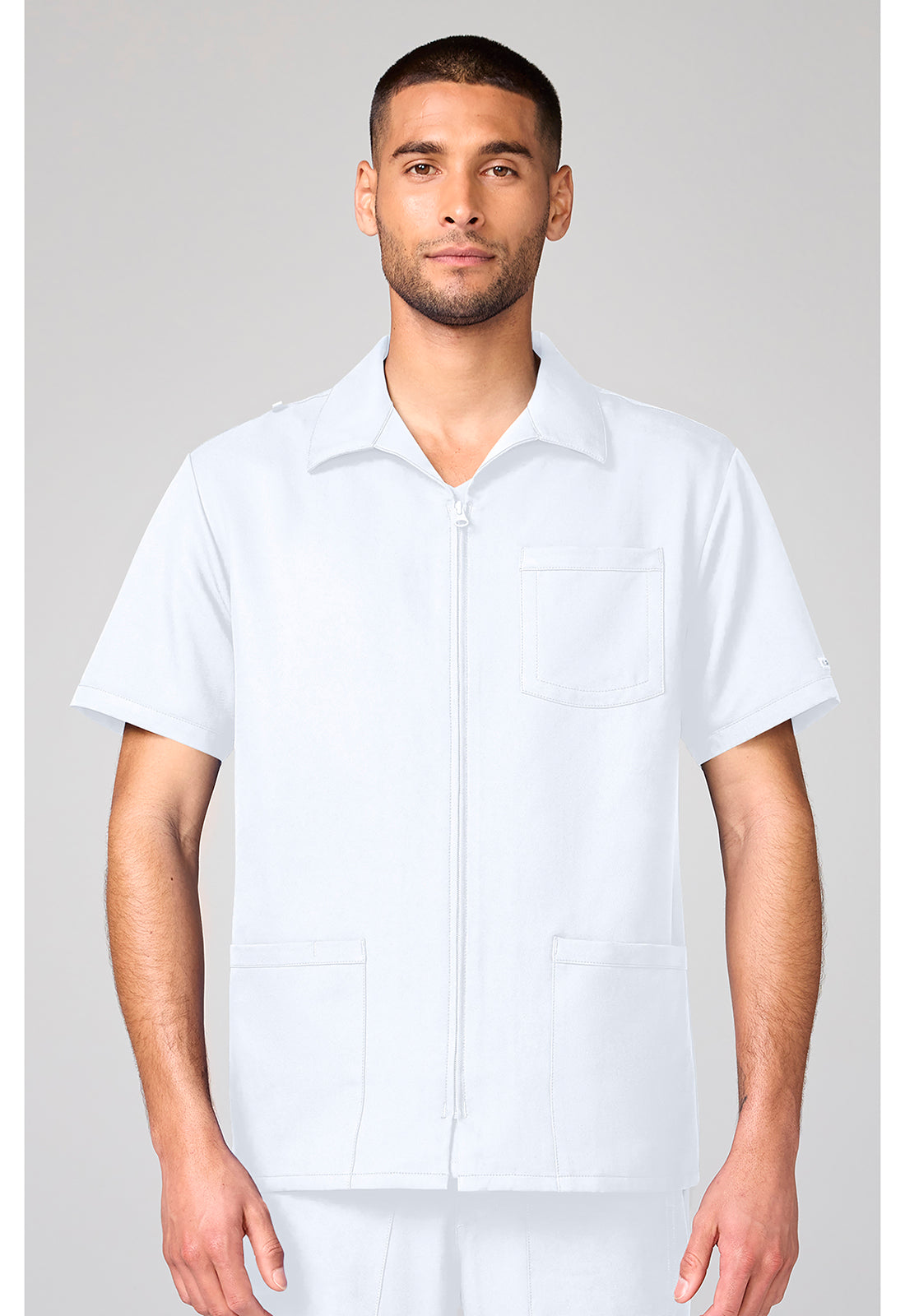 Front view of the Cherokee Workwear Ultra Men's Full Zip Short Sleeve Jacket in color White.