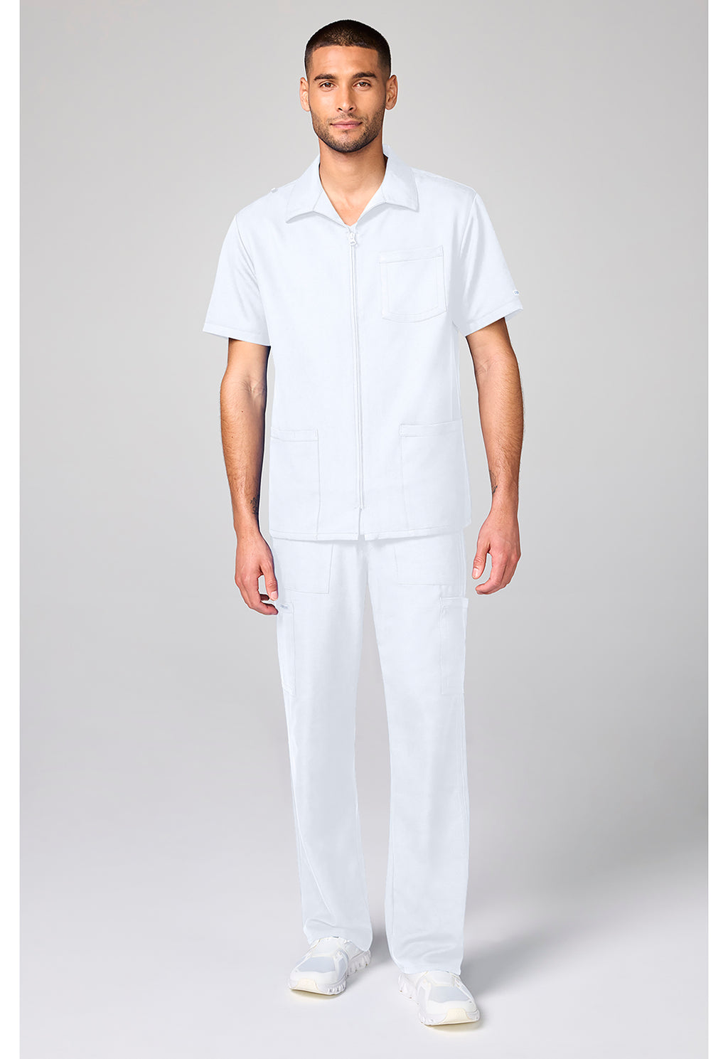 Full view of the Cherokee Workwear Ultra Men's Full Zip Short Sleeve Jacket in color White.