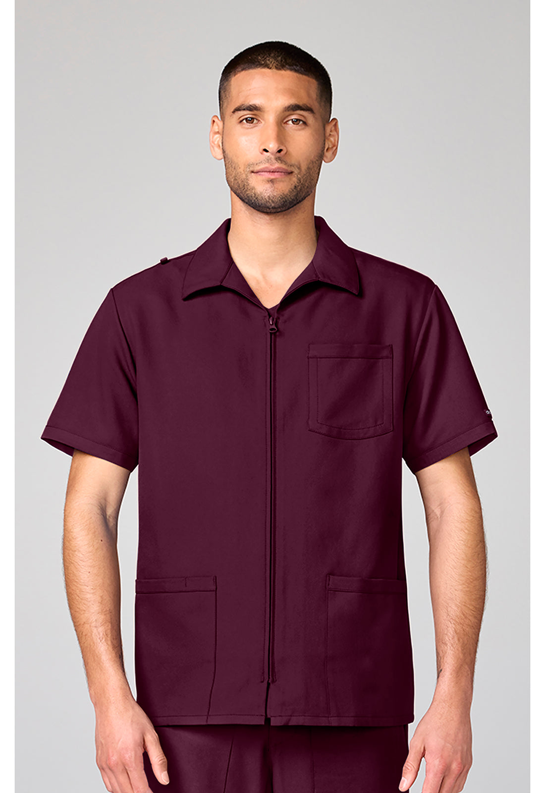 Front view of the Cherokee Workwear Ultra Men's Full Zip Short Sleeve Jacket in color Wine.