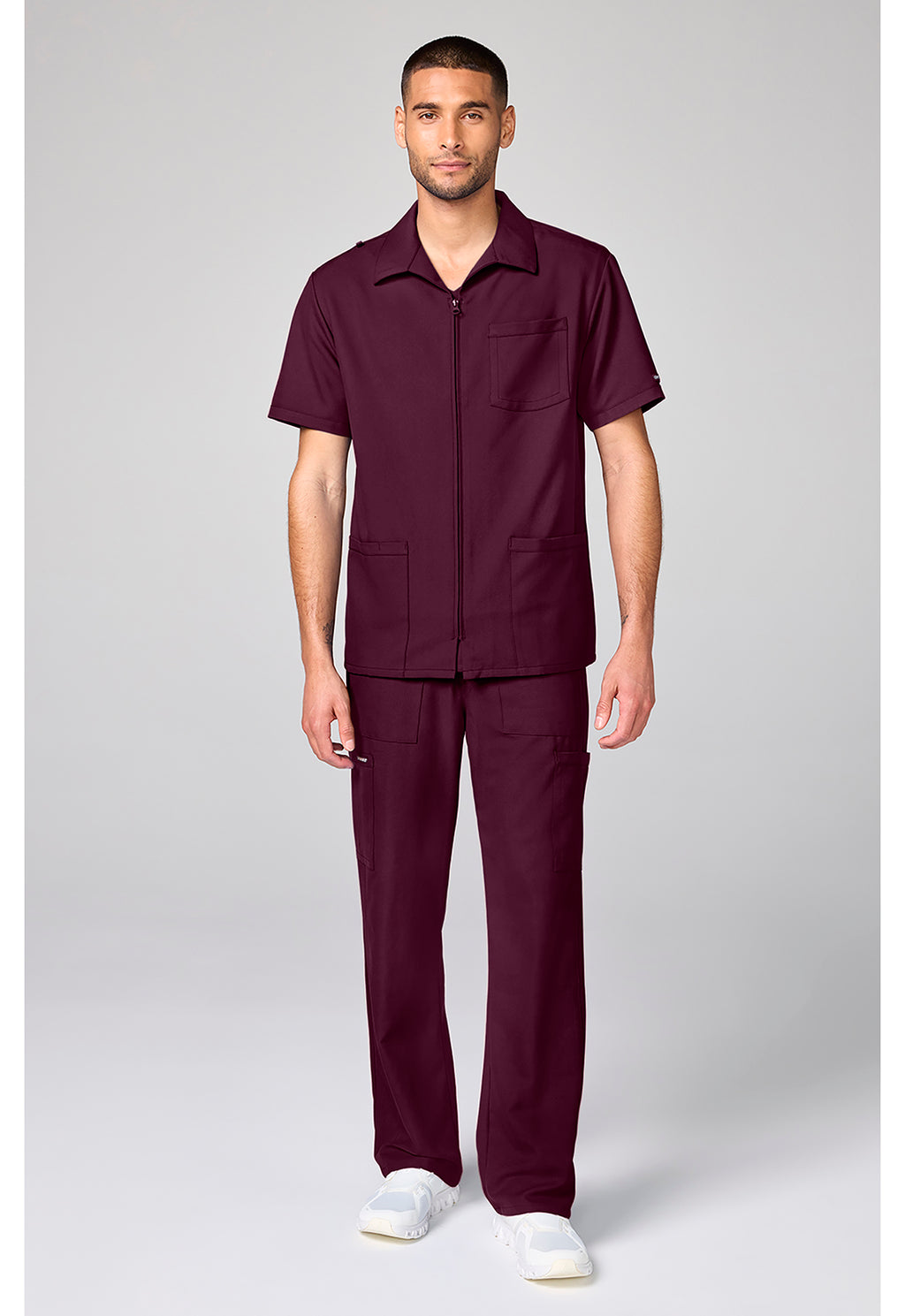Full view of the Cherokee Workwear Ultra Men's Full Zip Short Sleeve Jacket in color Wine.