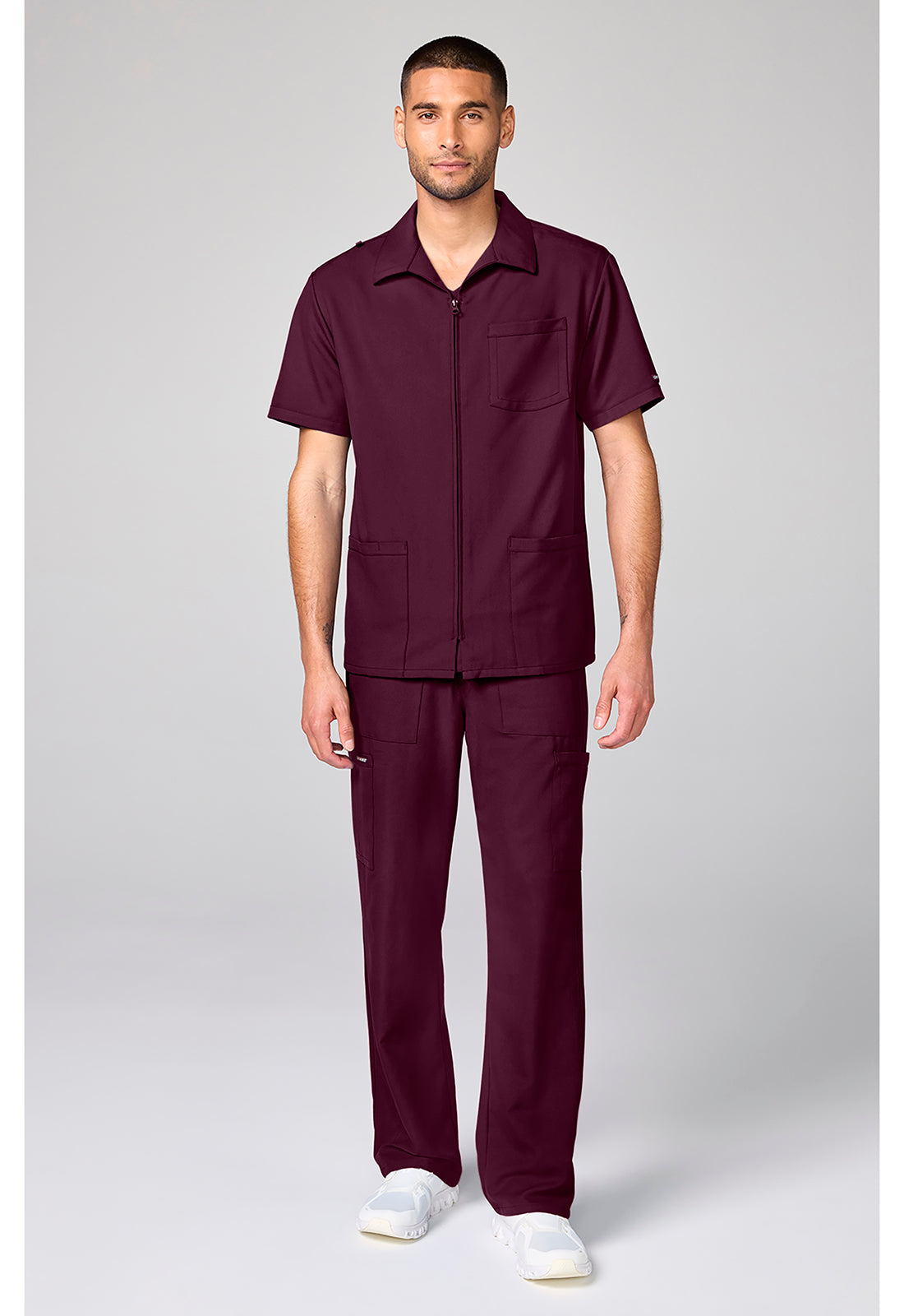 Full view of the Cherokee Workwear Ultra Men's Full Zip Short Sleeve Jacket in color Wine.