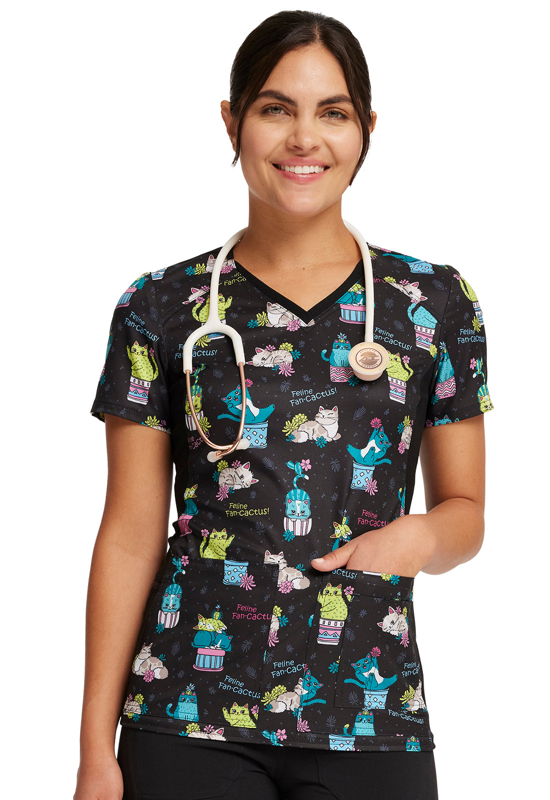 Cherokee iFlex | V-Neck Knit Panel Print Scrub Top Women's Print Top Cherokee iFlex Feline Fancy XXS 