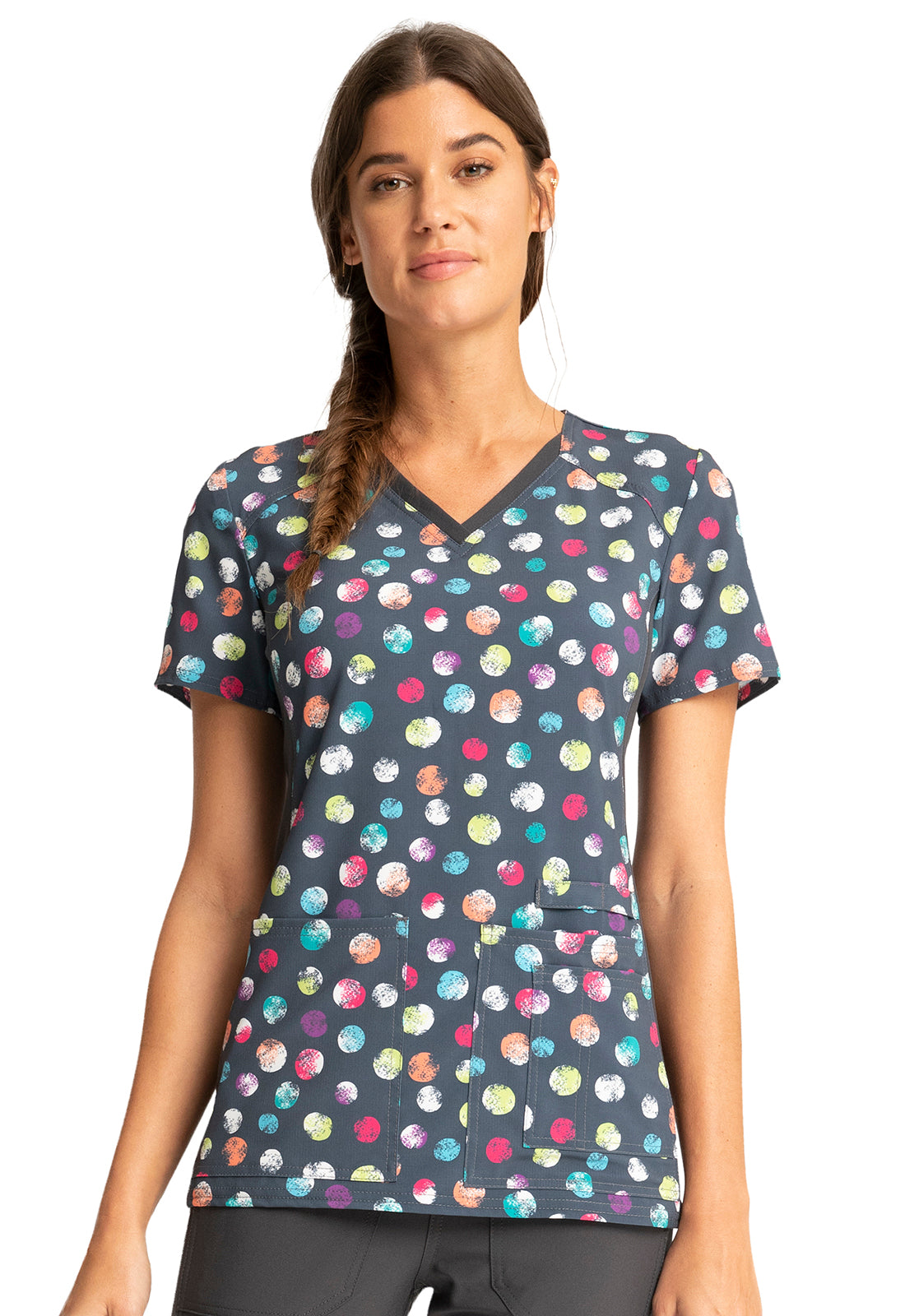 Cherokee iFlex | V-Neck Knit Panel Print Scrub Top Women's Print Top Cherokee iFlex Playful Dots XXS 