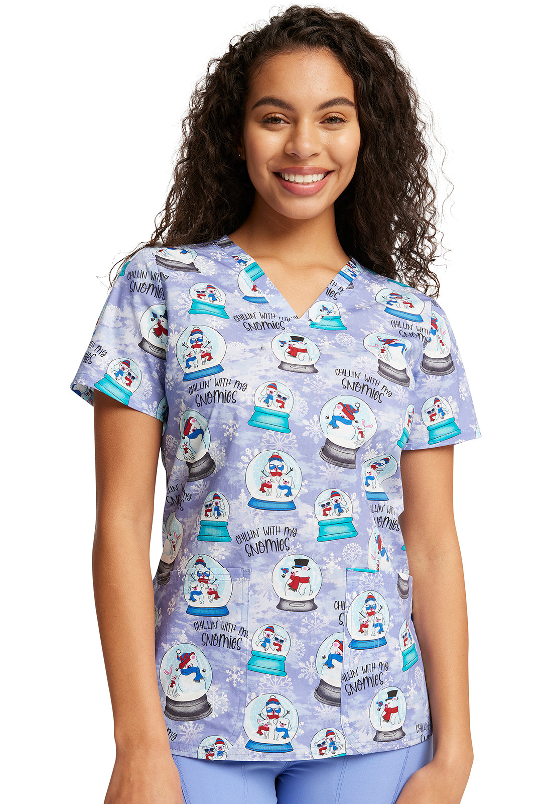 Cherokee Print Top - V-Neck Print Top in Chillin' Snowmies Women's Holiday Print Scrub Top Cherokee Prints XS  