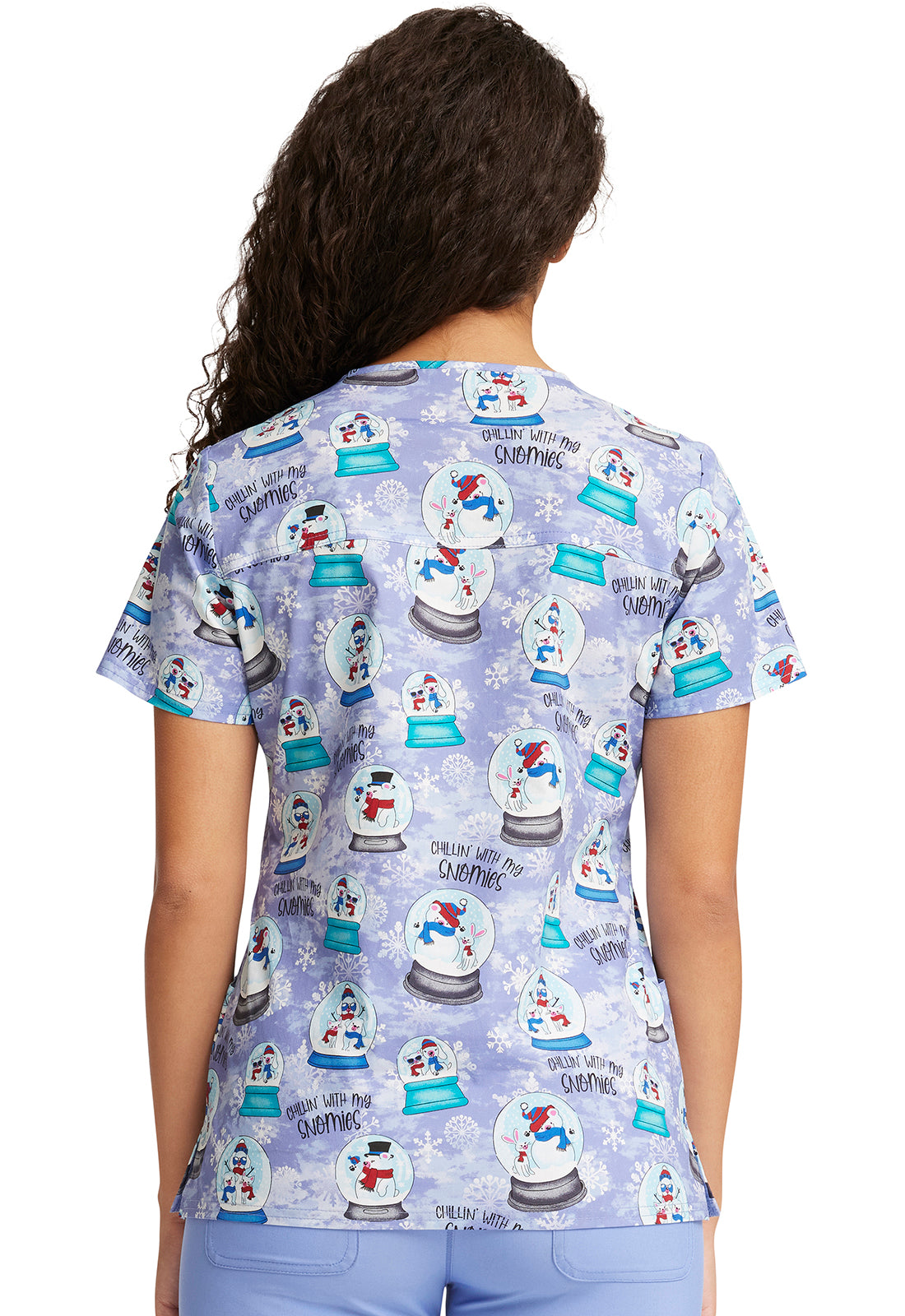 Cherokee Print Top - V-Neck Print Top in Chillin' Snowmies Women's Holiday Print Scrub Top Cherokee Prints   