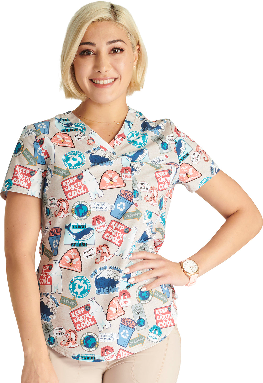 Cherokee Prints | V-Neck Tuckable Print Top in Care For The Cause Women's Print Scrub Top Cherokee Prints S  