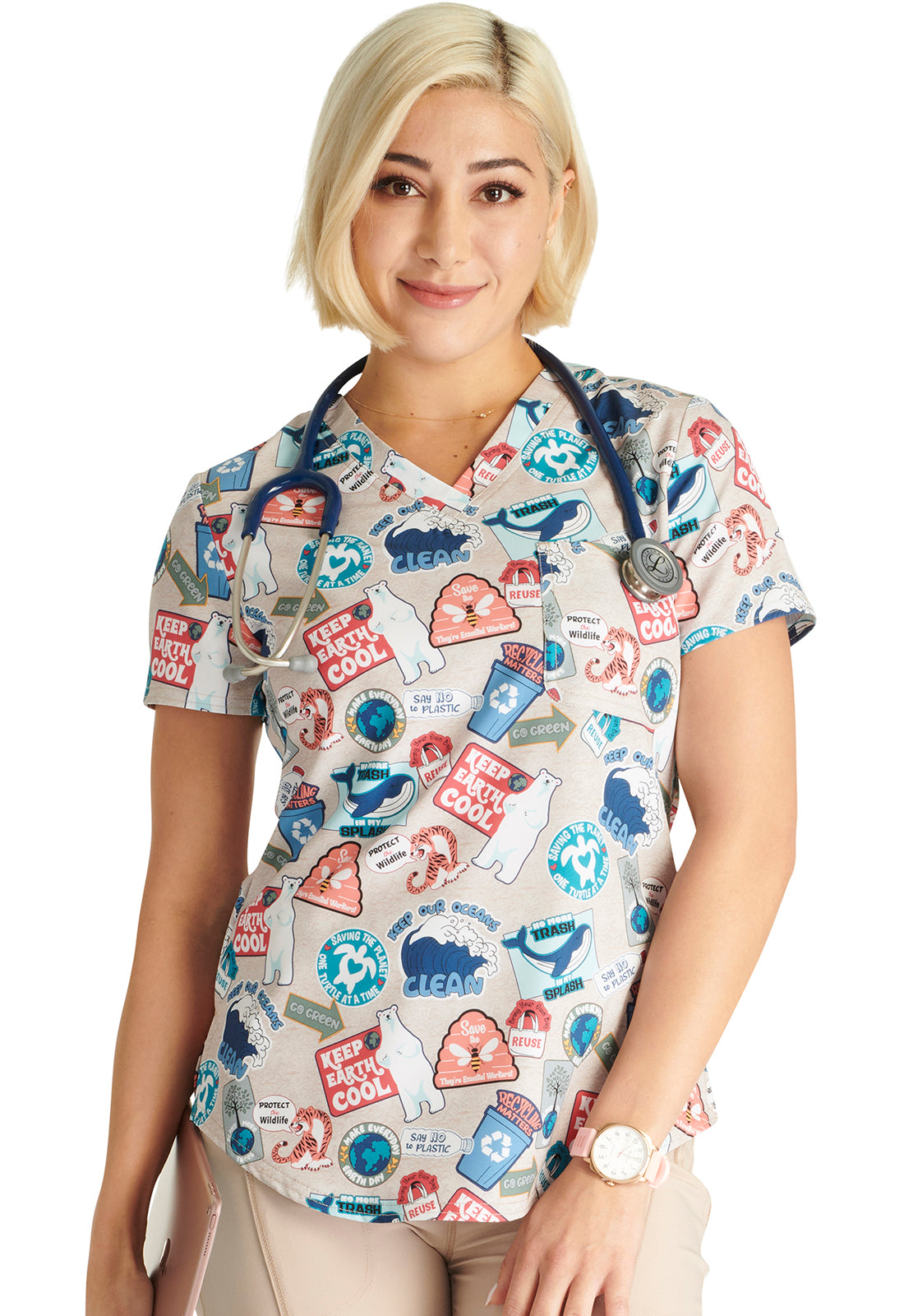 Cherokee Prints | V-Neck Tuckable Print Top in Care For The Cause Women's Print Scrub Top Cherokee Prints   